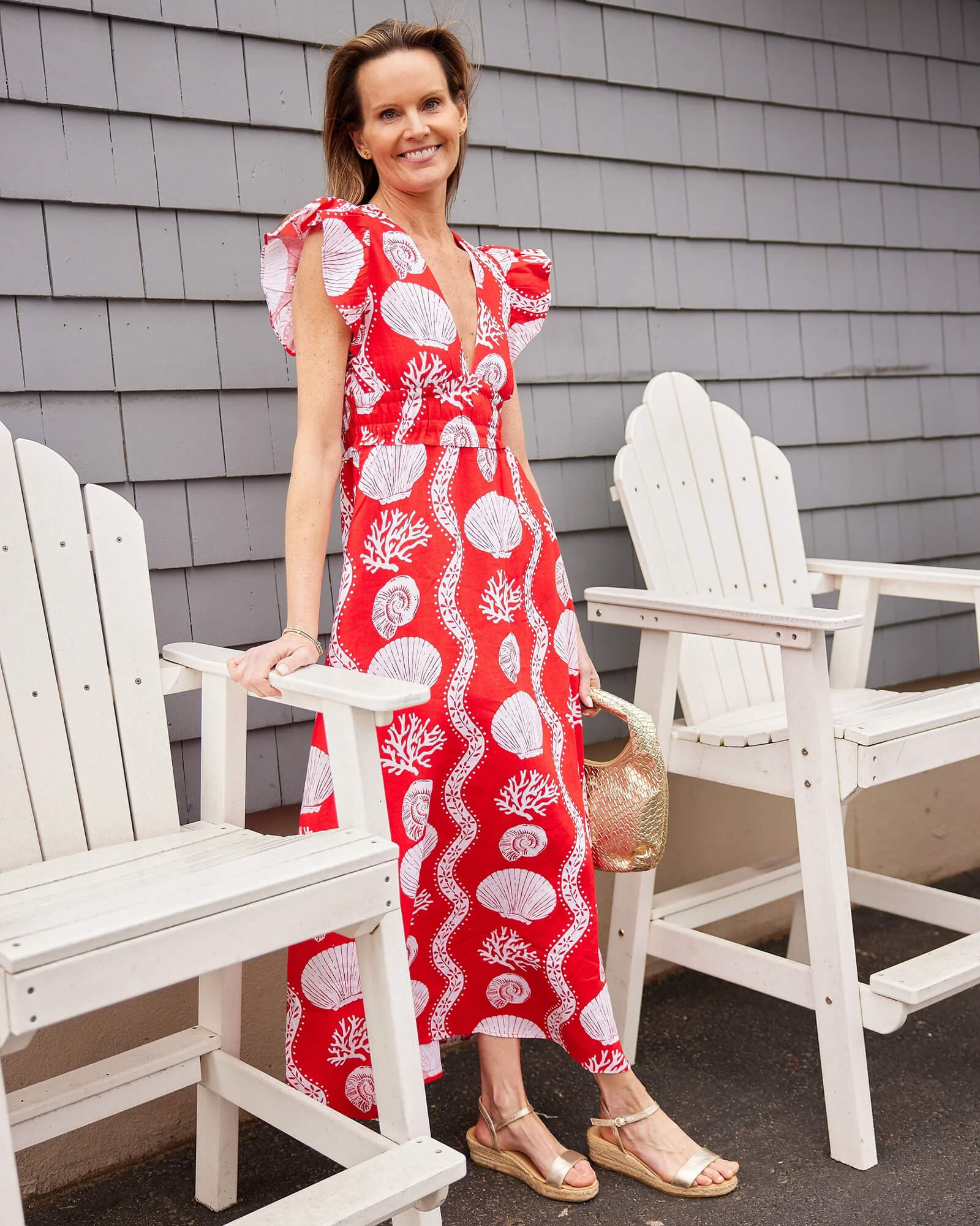 Sea Stripe V-Neck Flutter Sleeve Maxi Dress