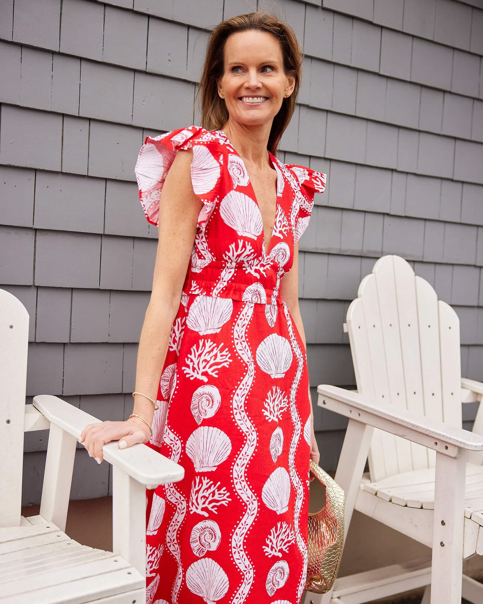 Sea Stripe V-Neck Flutter Sleeve Maxi Dress