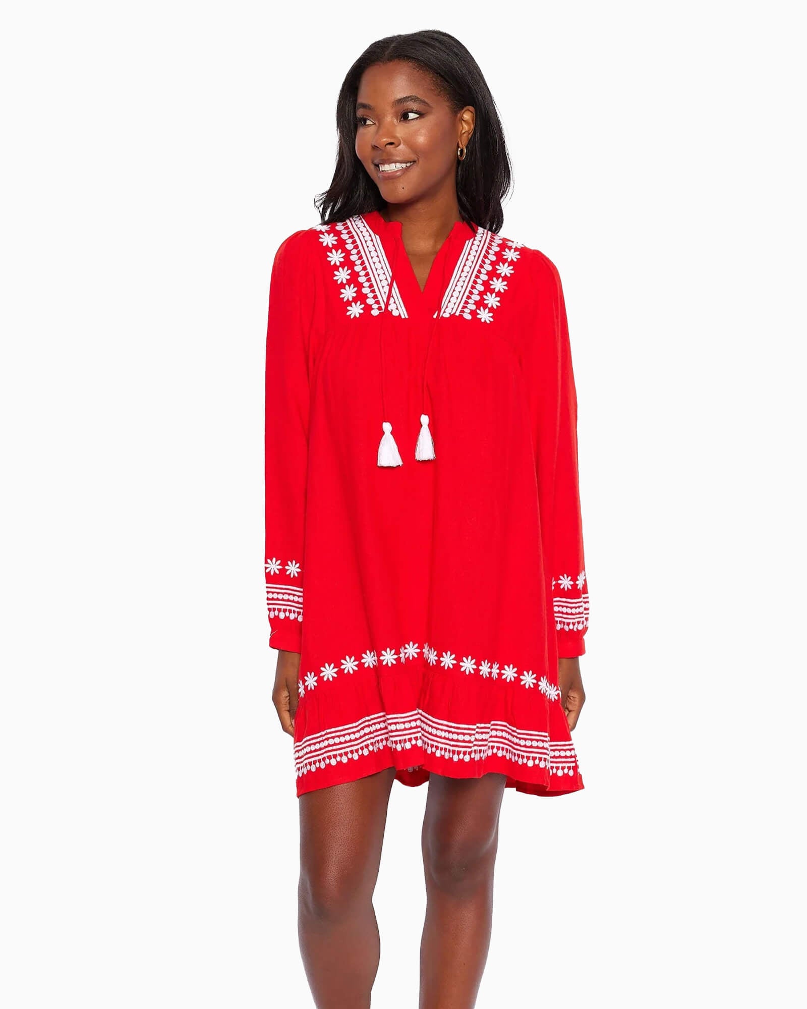 Tomato Embroidered Ruffle Hem Dress with Tassels
