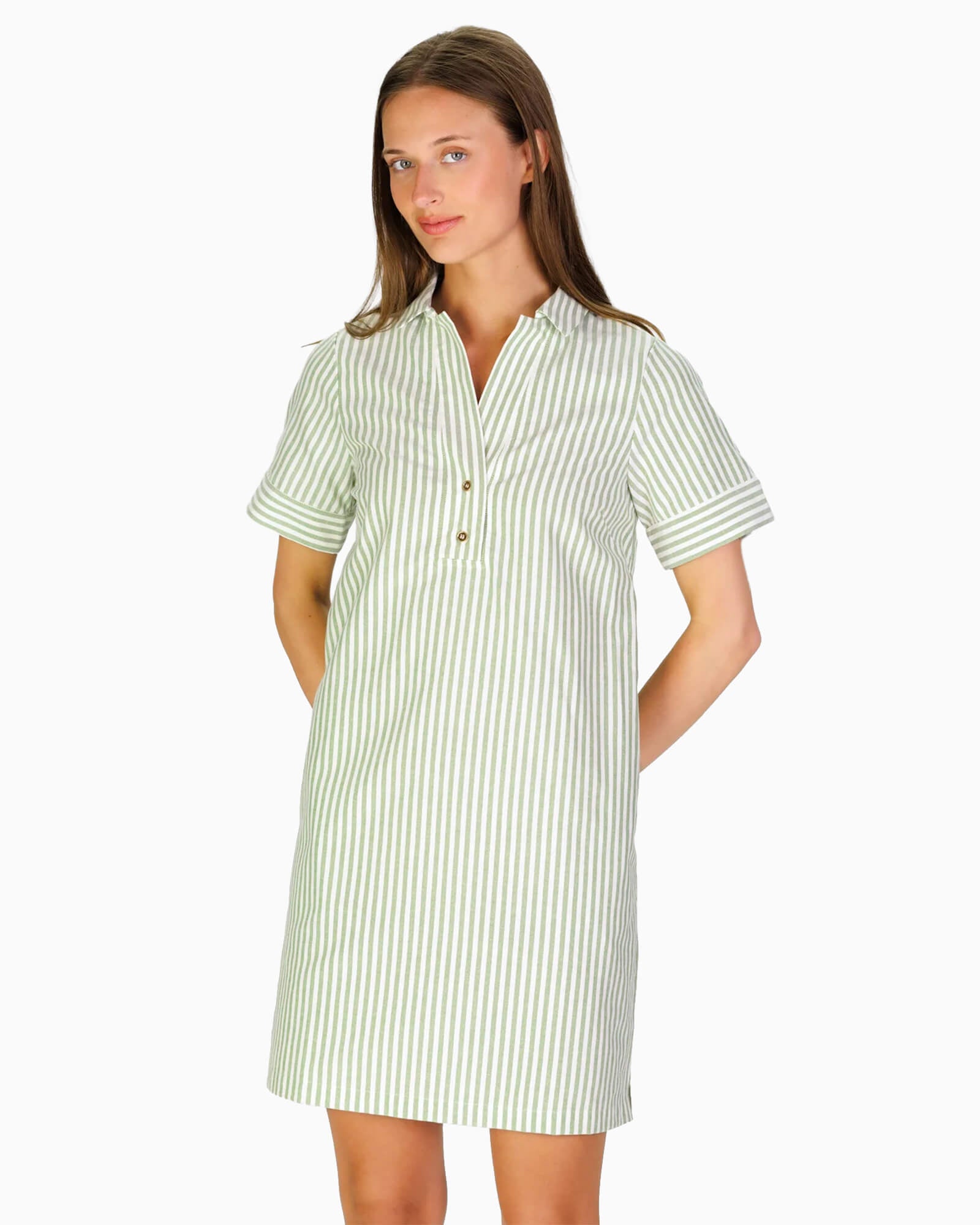 Banks Dress in Green Oxford Stripe - Purple Poppy