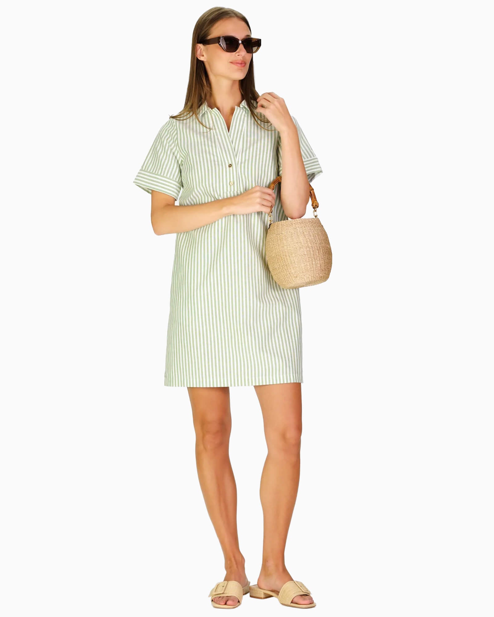 Banks Dress in Green Oxford Stripe - Purple Poppy