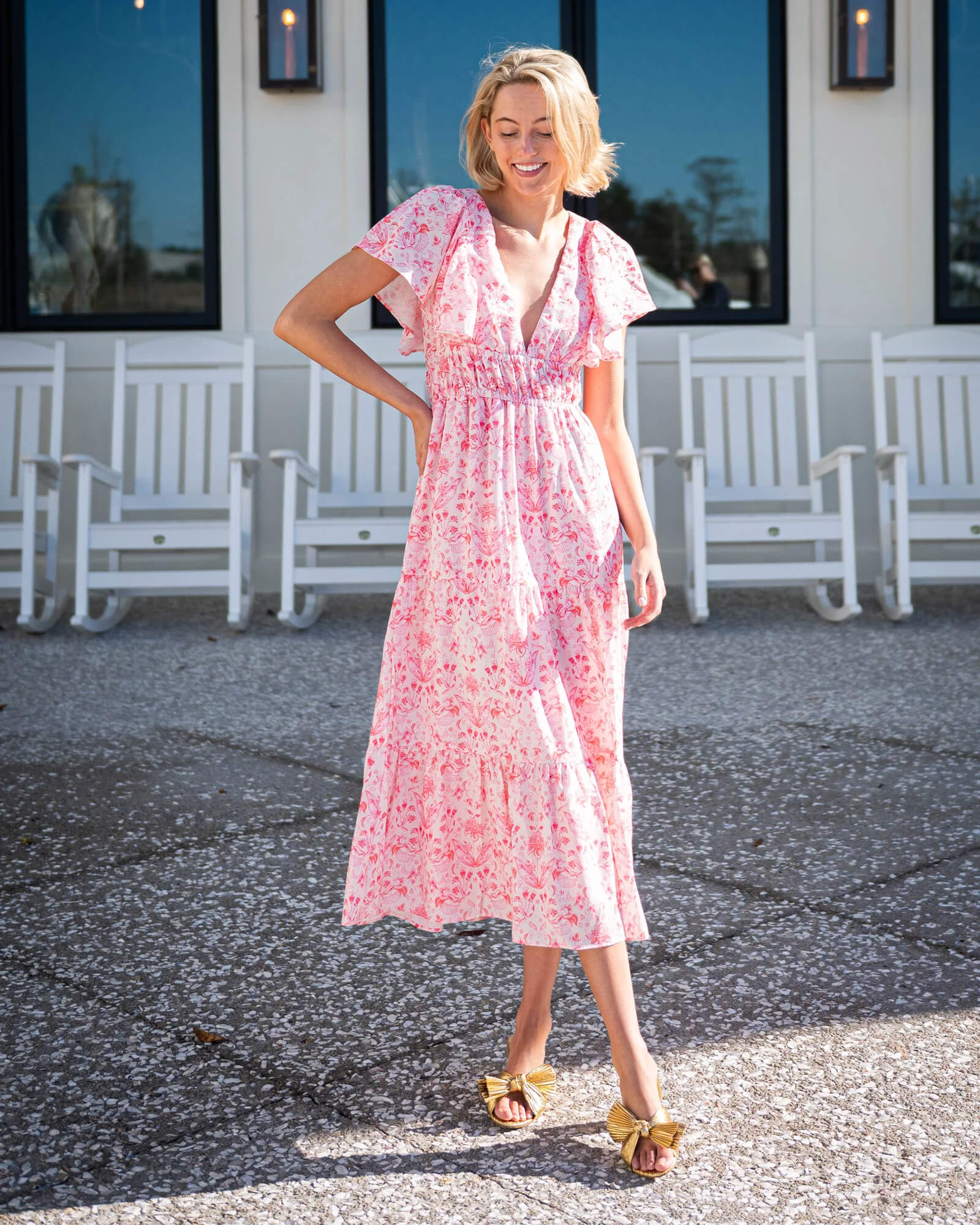 Pink Batik Print V-Neck Cinched Waist Midi Dress