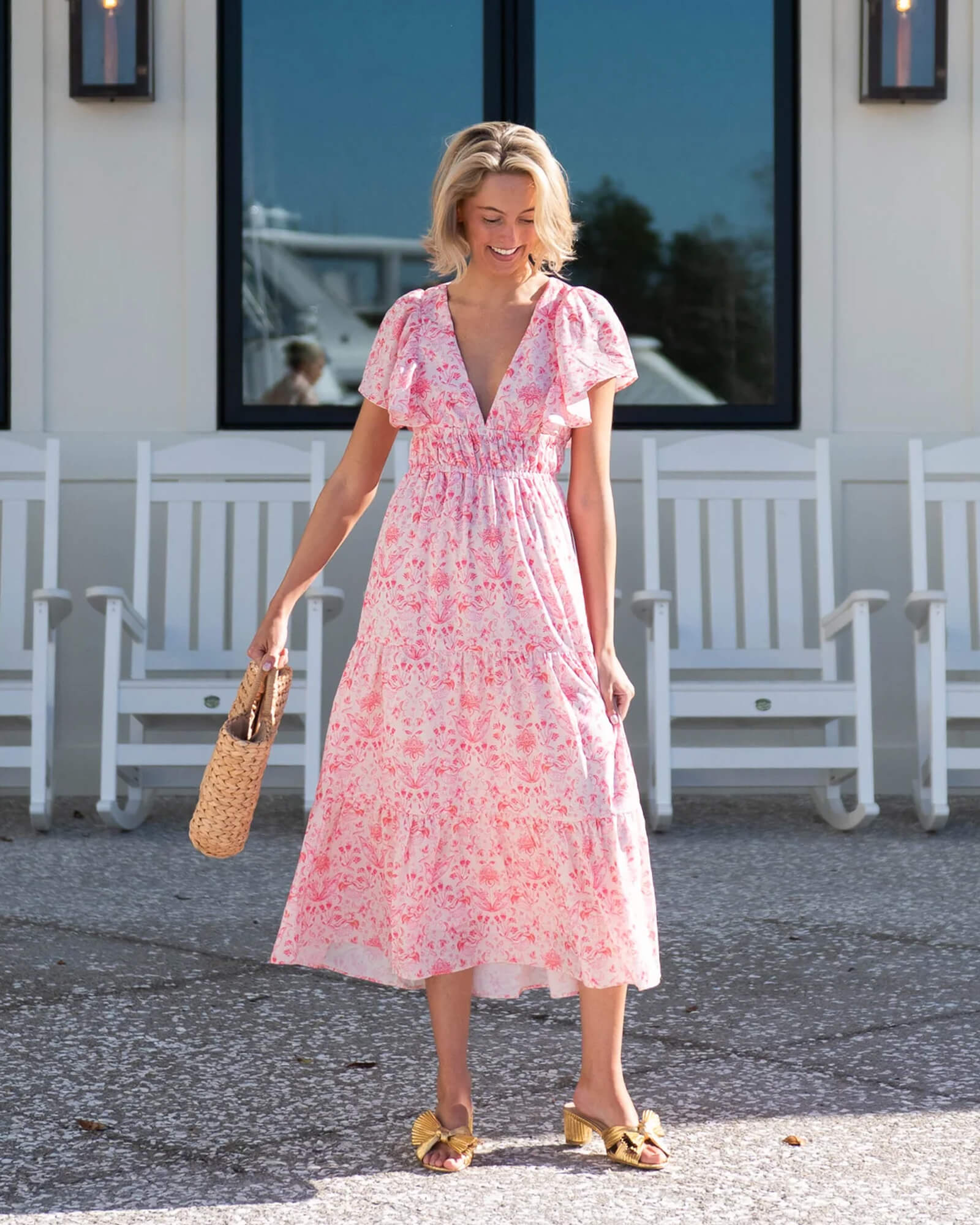 Pink Batik Print V-Neck Cinched Waist Midi Dress