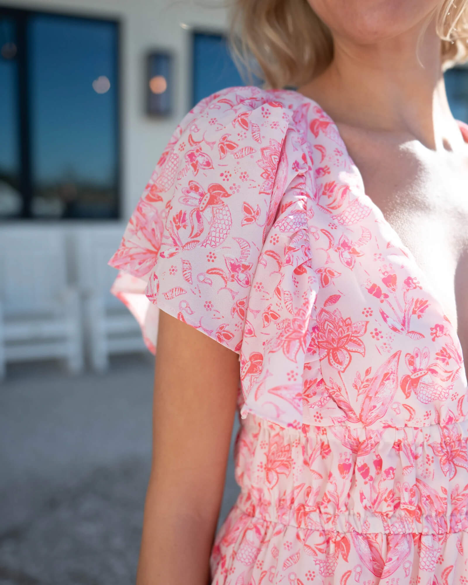 Pink Batik Print V-Neck Cinched Waist Midi Dress