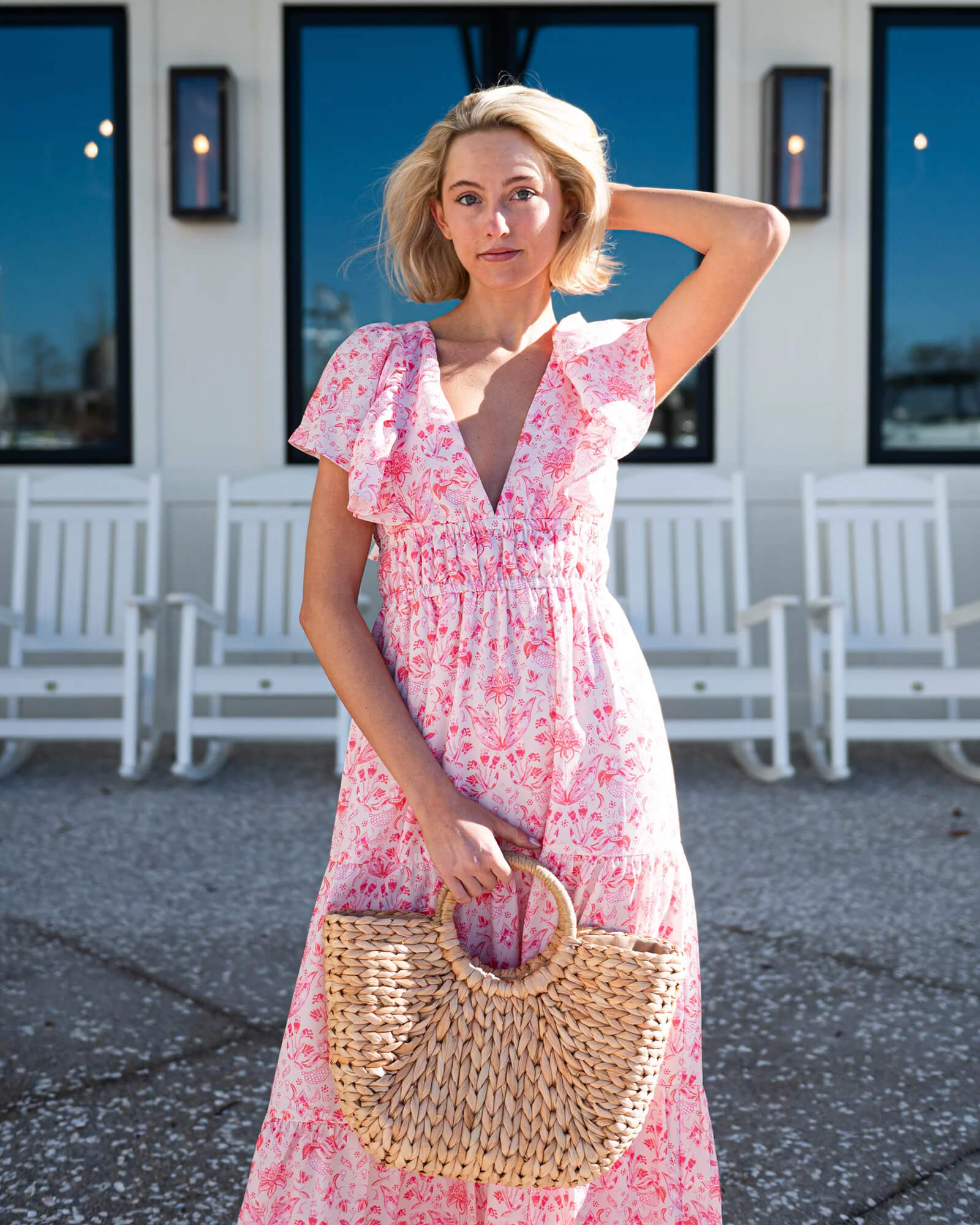 Pink Batik Print V-Neck Cinched Waist Midi Dress