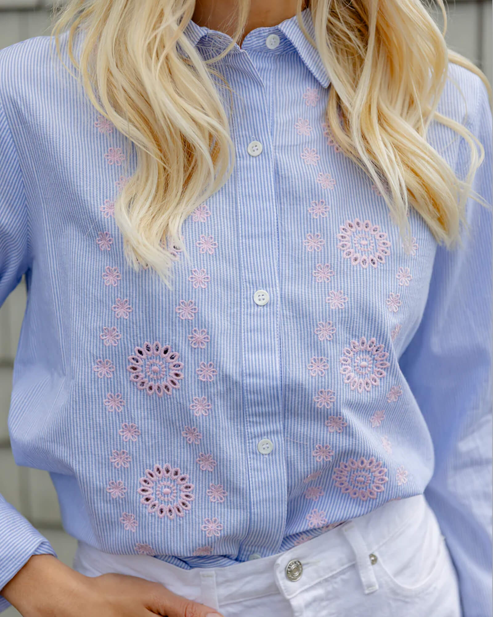 Blue & White Embroidered Button Down Shirt - Purple Poppy