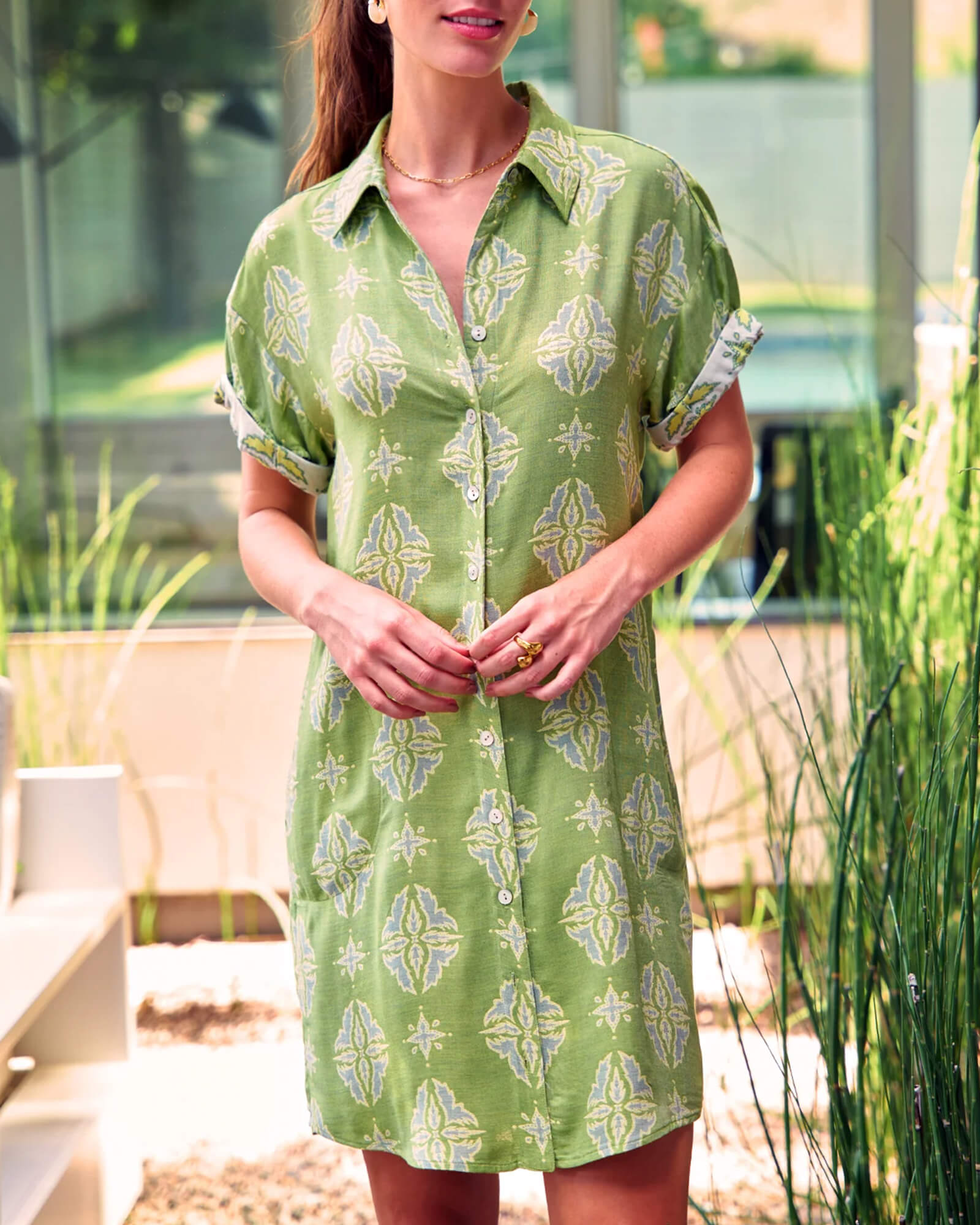 Camp Shirt Dress Green Jacquard