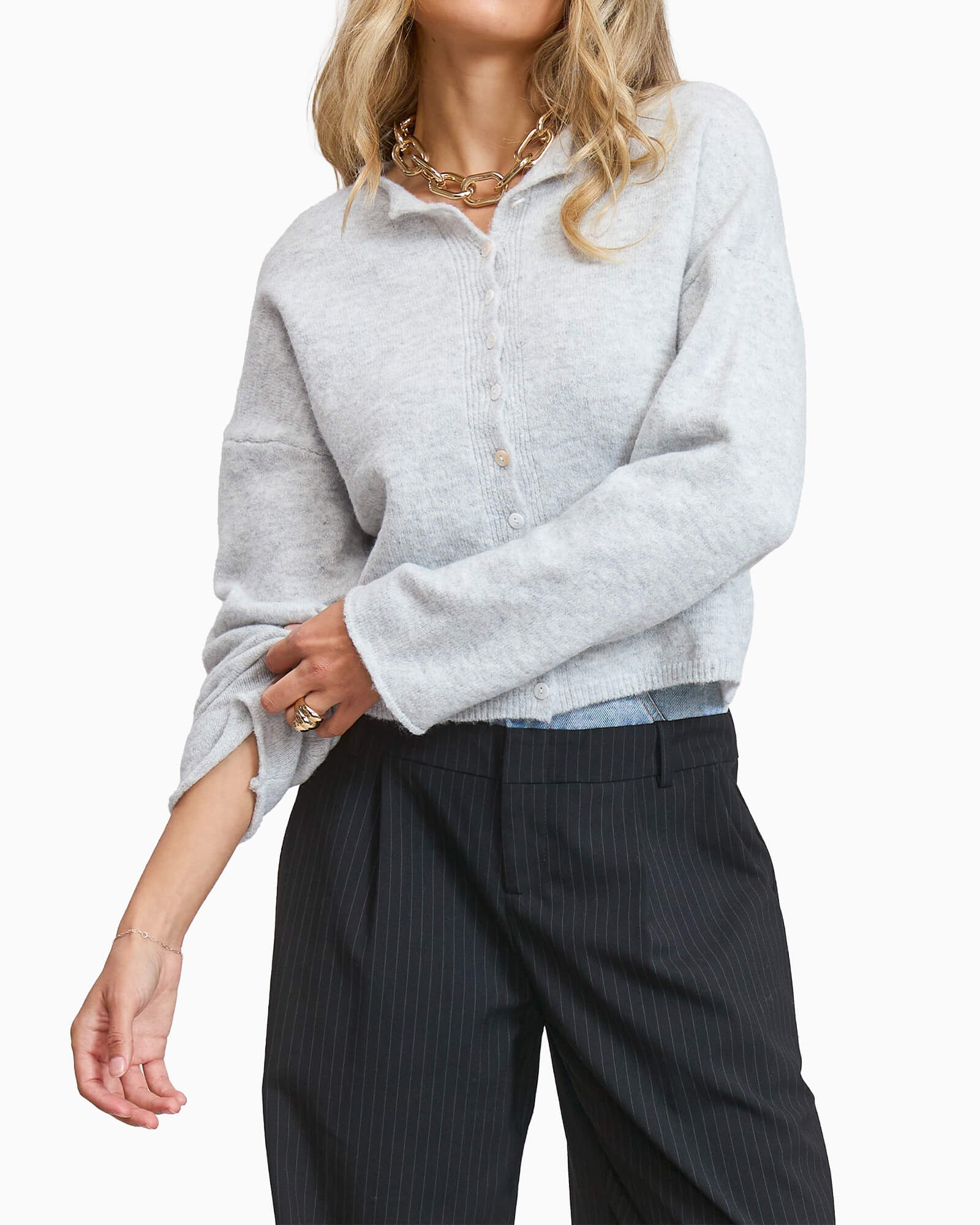 Essential Button Down Cardigan Top Light Gray
