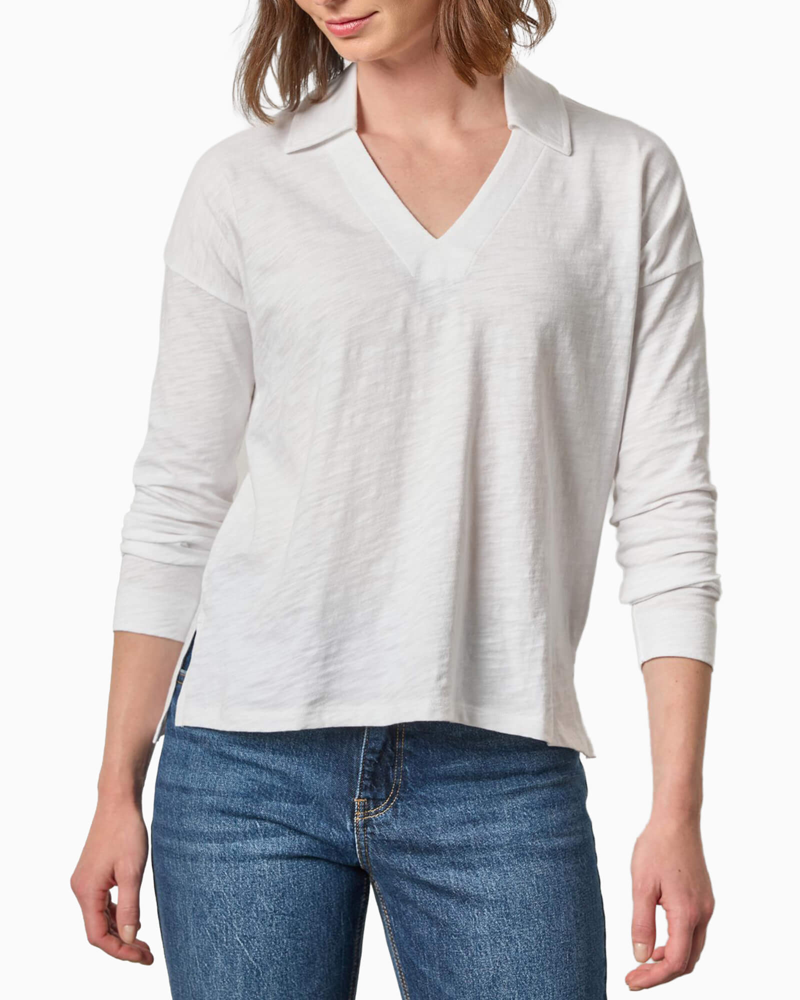 Easy Collared Split Neck Tee White