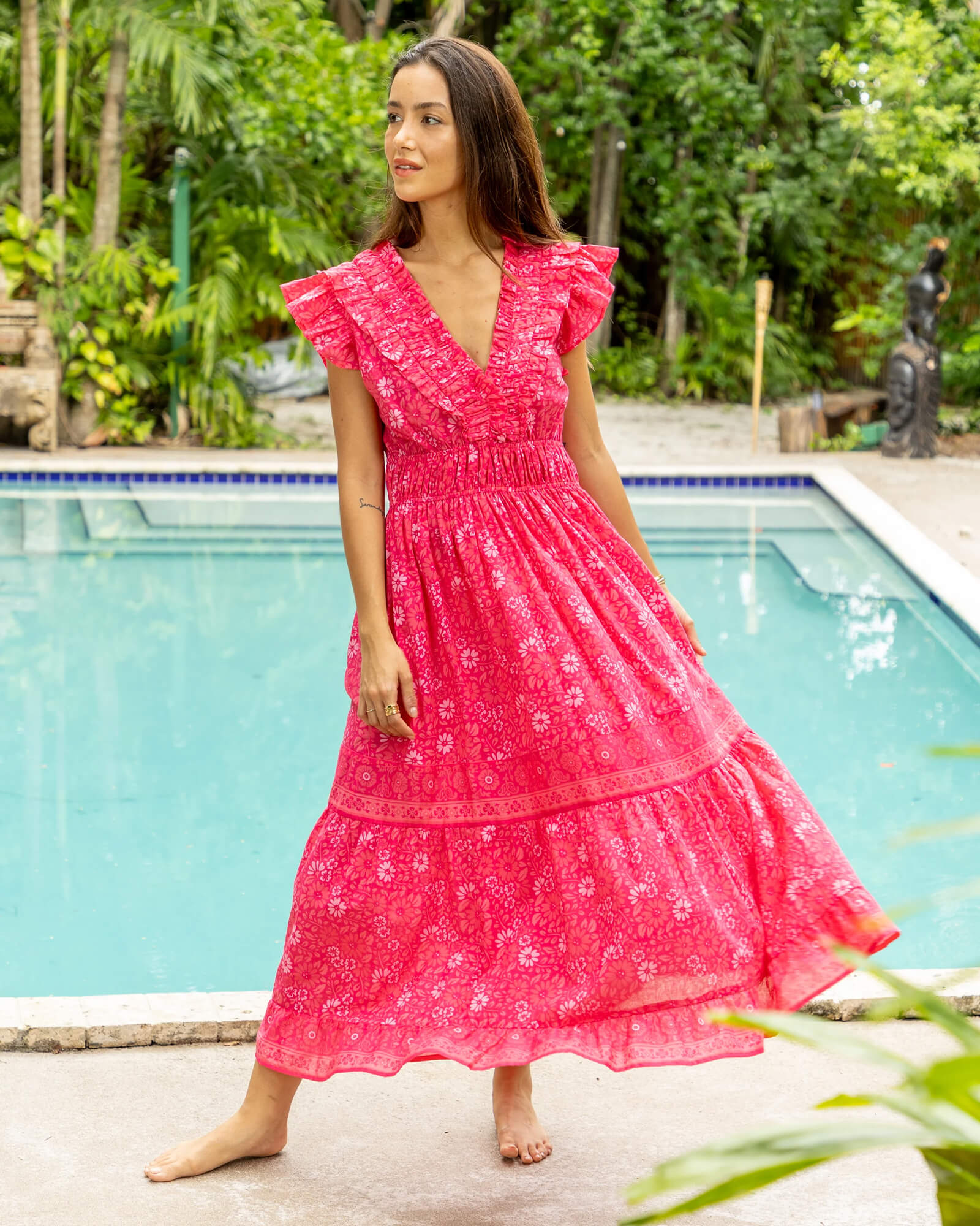 strapless open back dress Bohemian Pink Jacquard Maxi Dress – South Beach main image 0