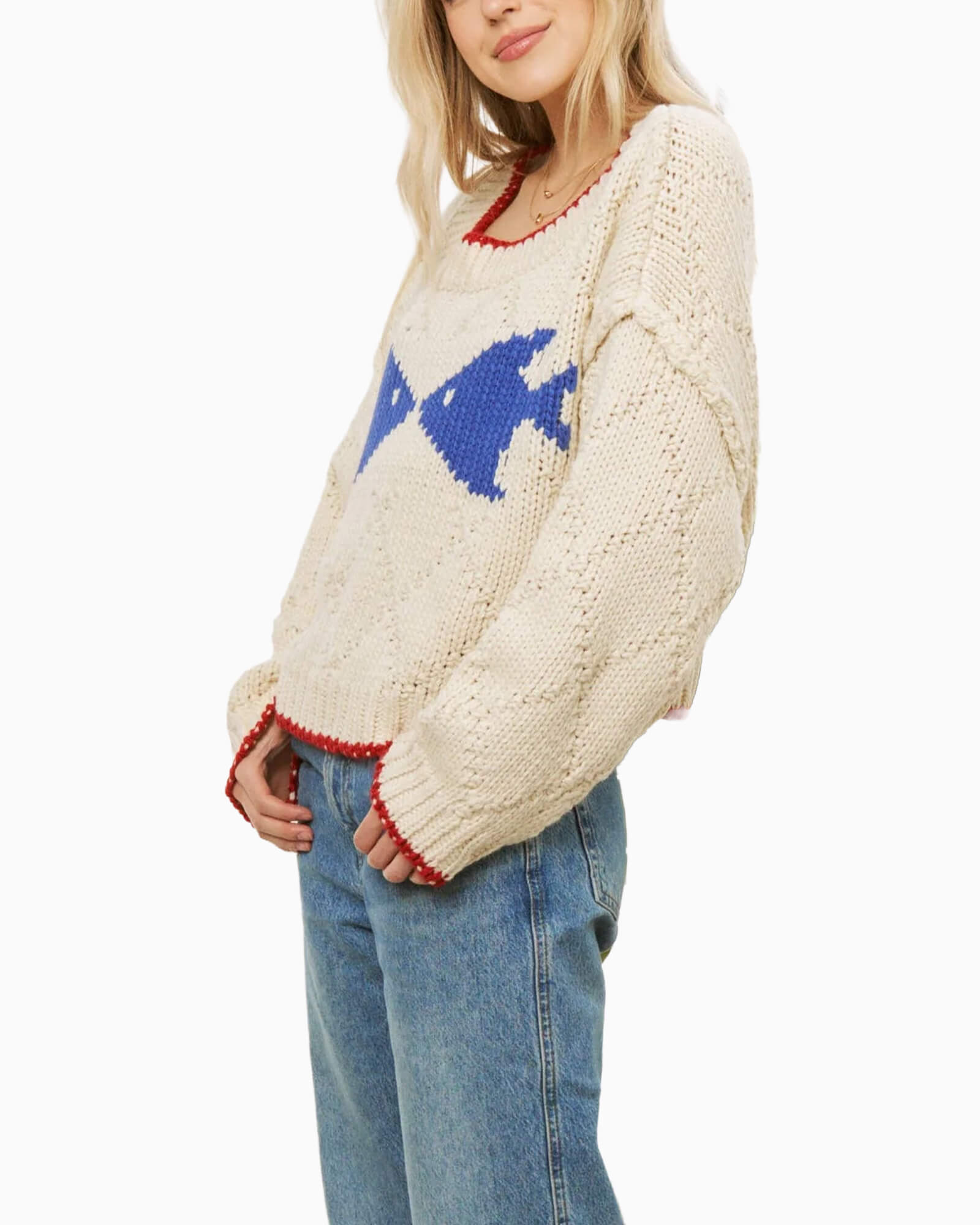 Fish Pullover Sweater Cream/Dark Blue - Purple Poppy