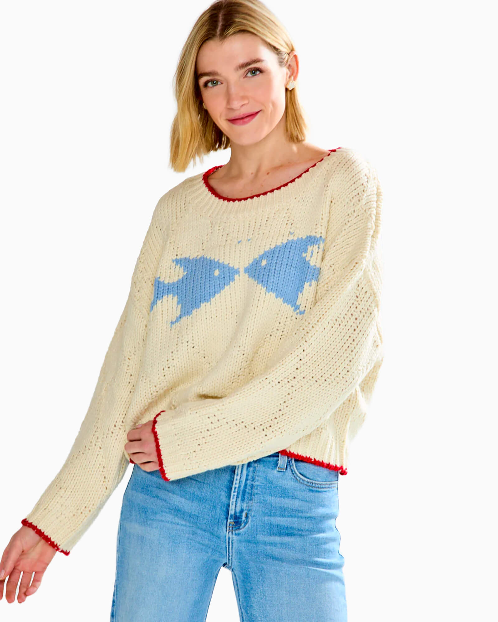 Fish Pullover Sweater Cream/Light Blue - Purple Poppy