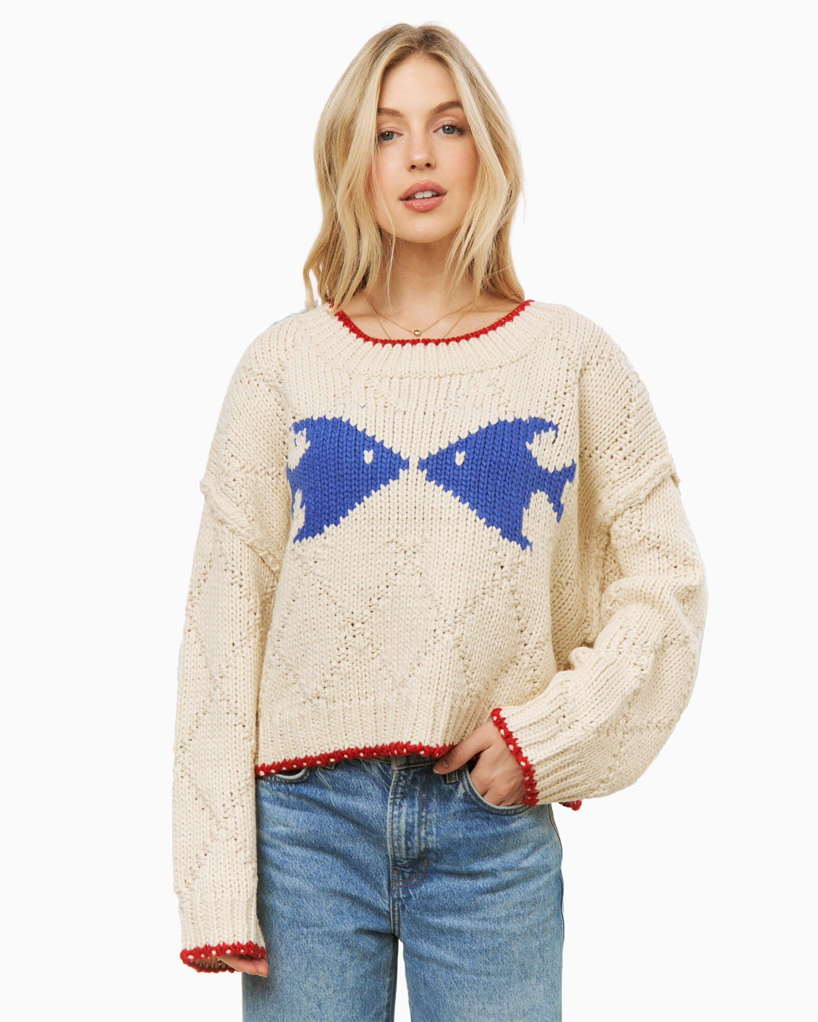 Fish Pullover Sweater Cream/Dark Blue - Purple Poppy