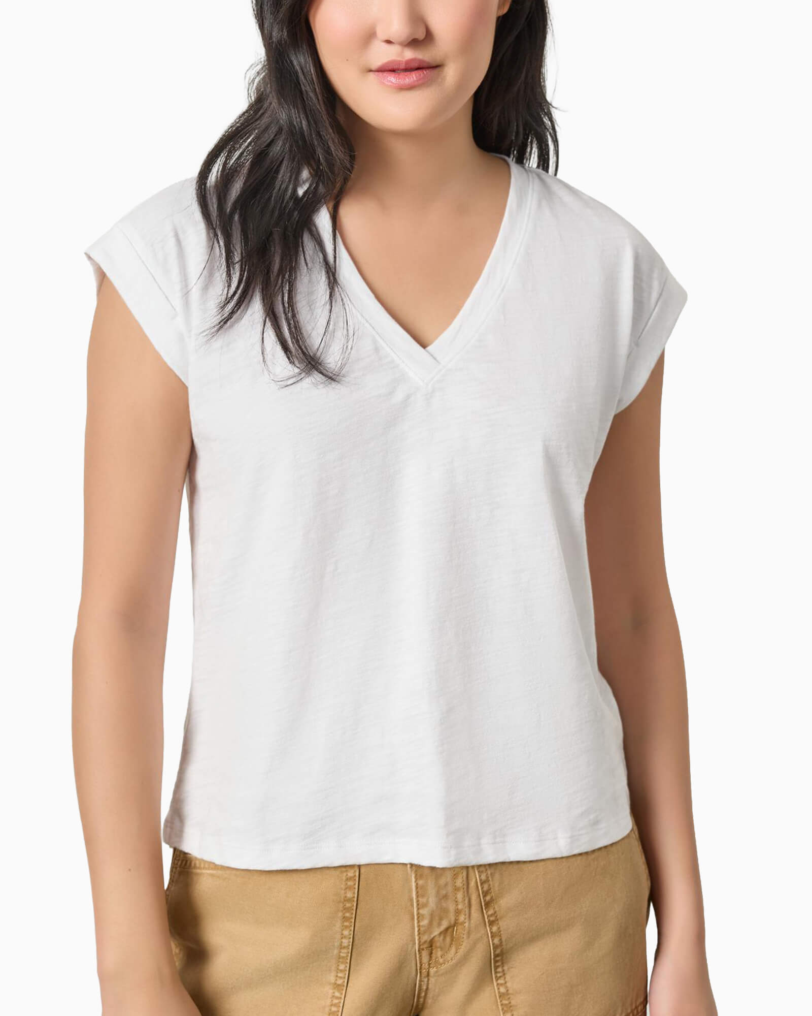 Cuffed Sleeve V-Neck Tee White