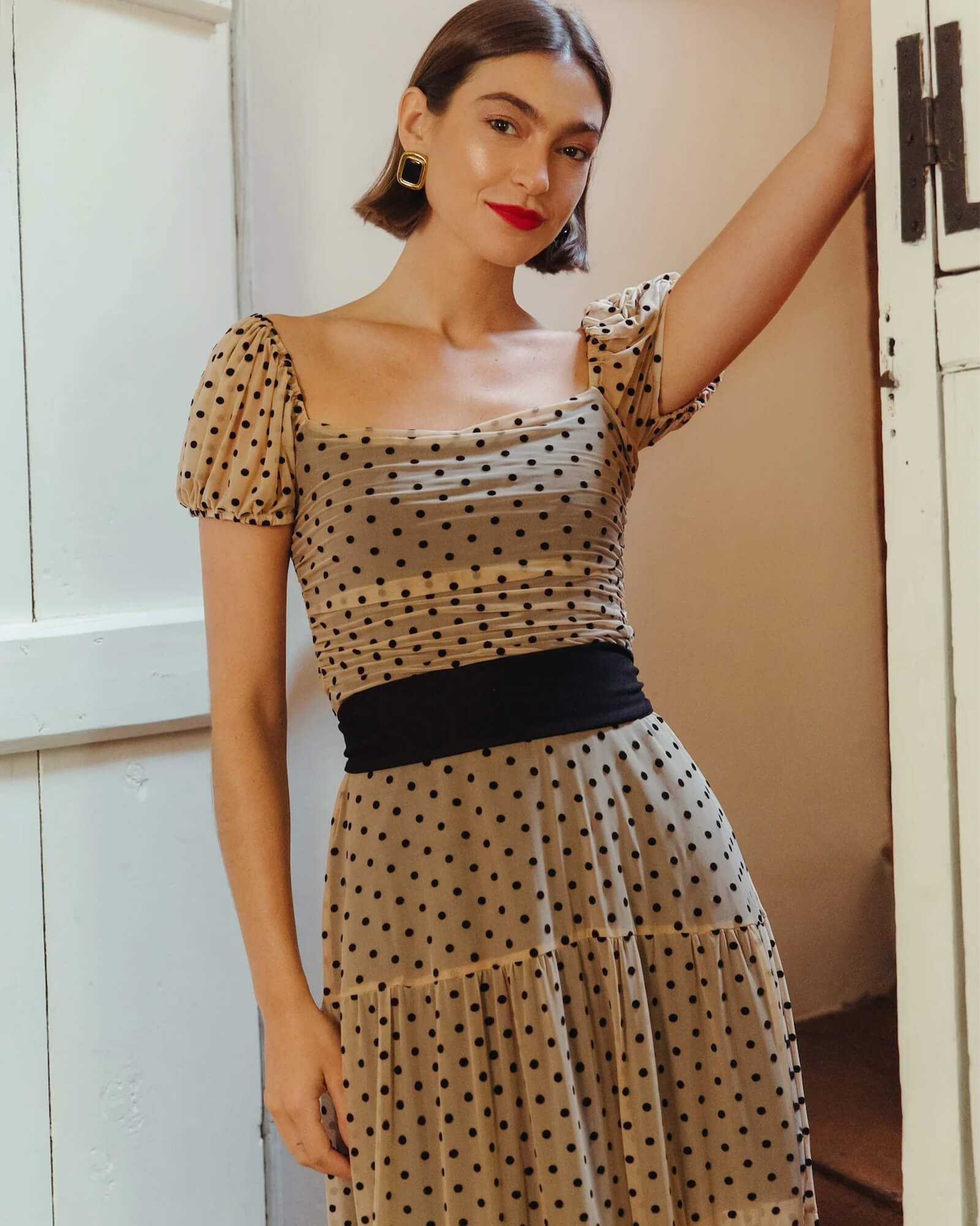 The Delphine Dress Nude/Black Dot