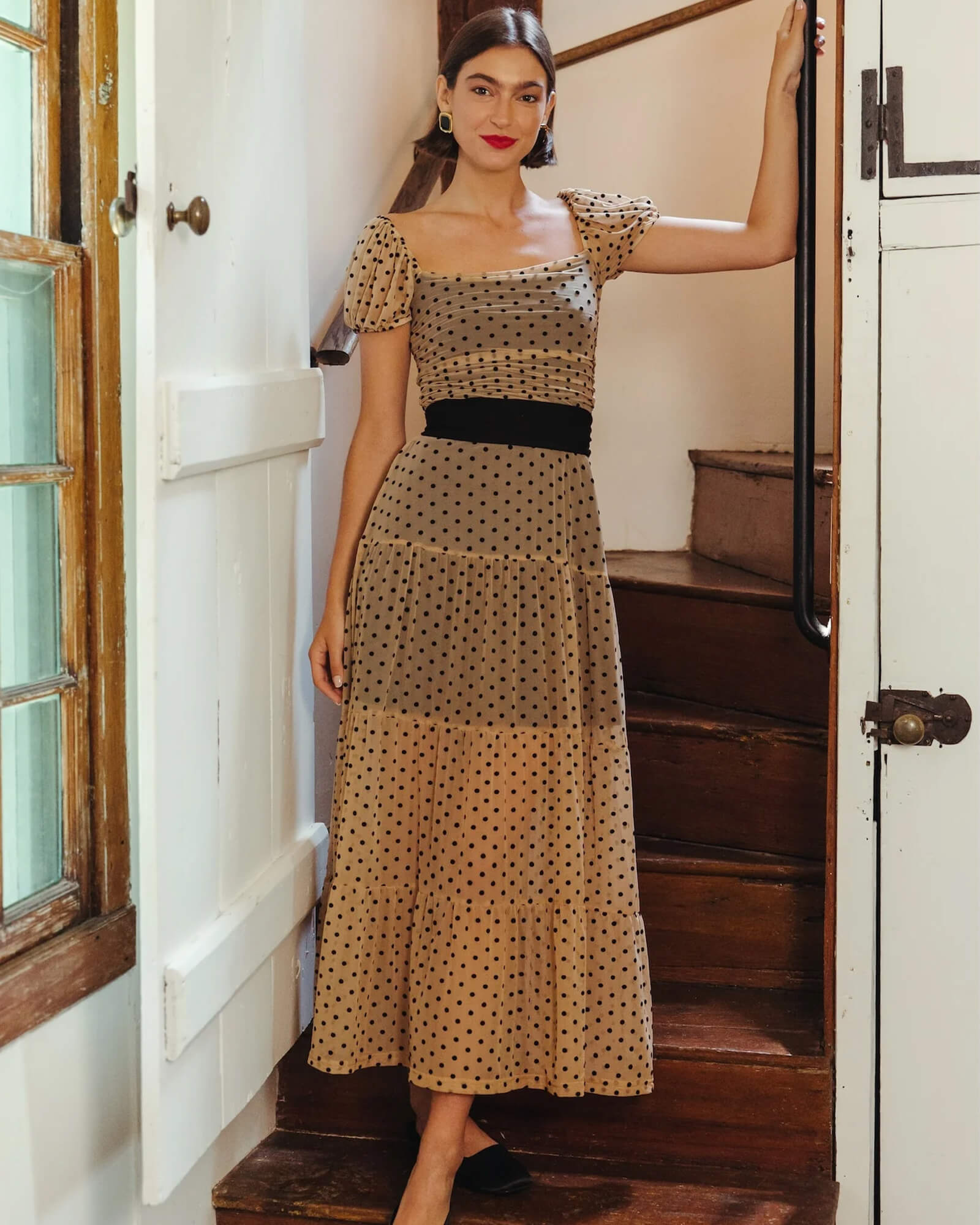 black and nude midi dress The Delphine Dress Nude/Black Dot