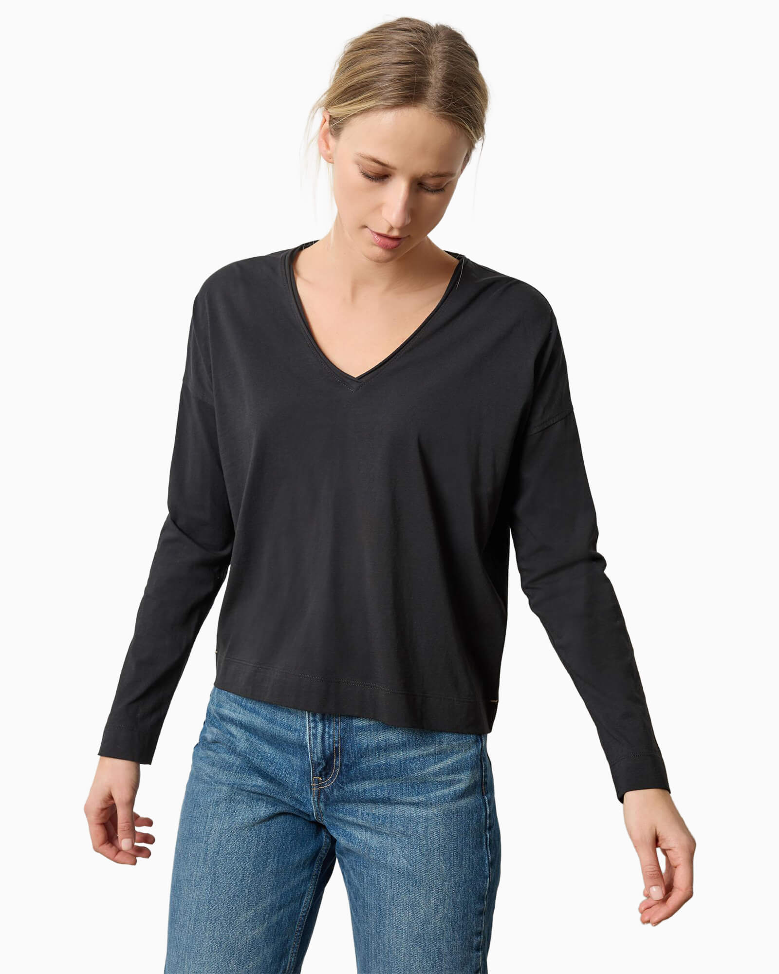 Long Sleeve Cut Edge V-Neck Black