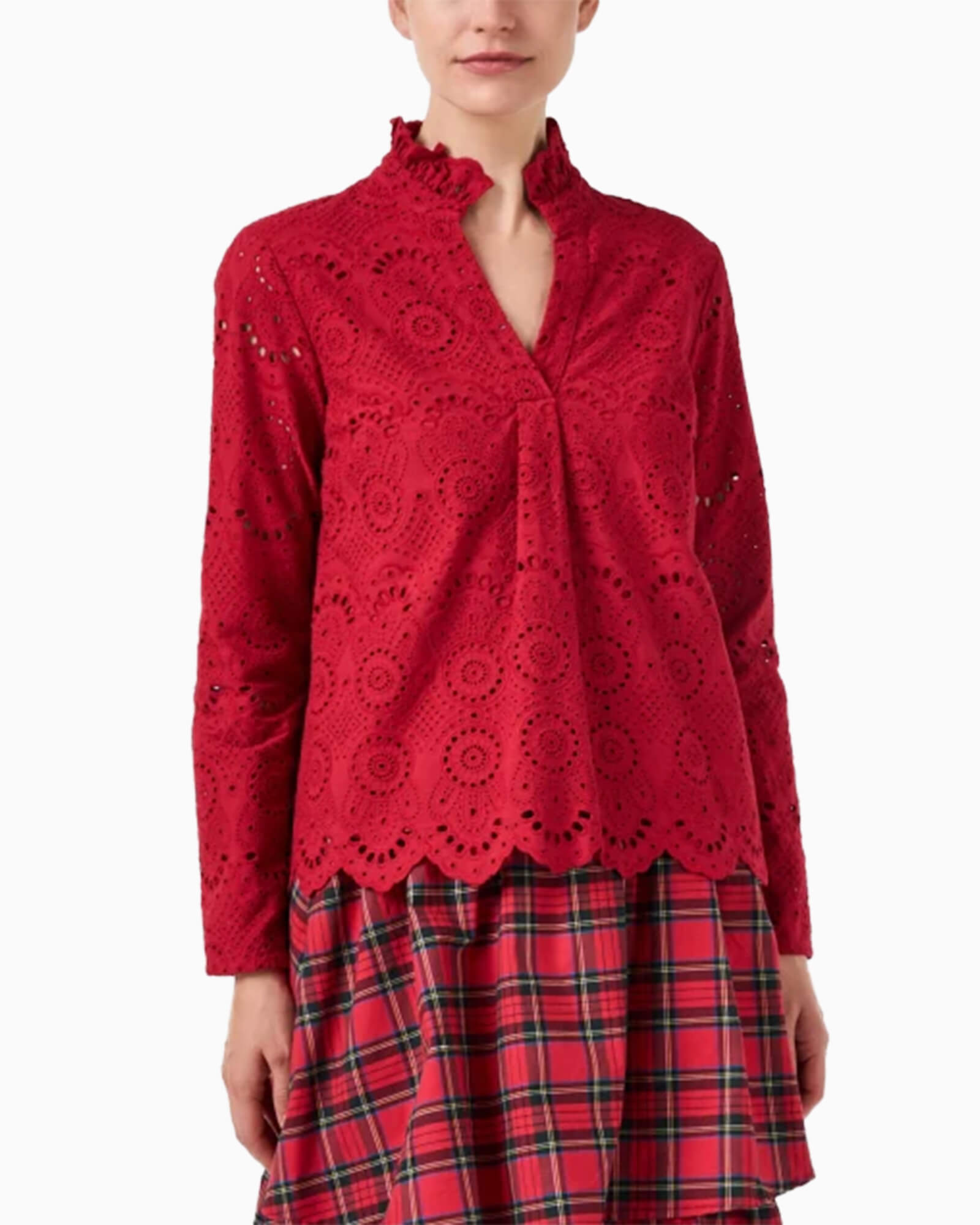 Red Eyelet Scalloped Hem Top