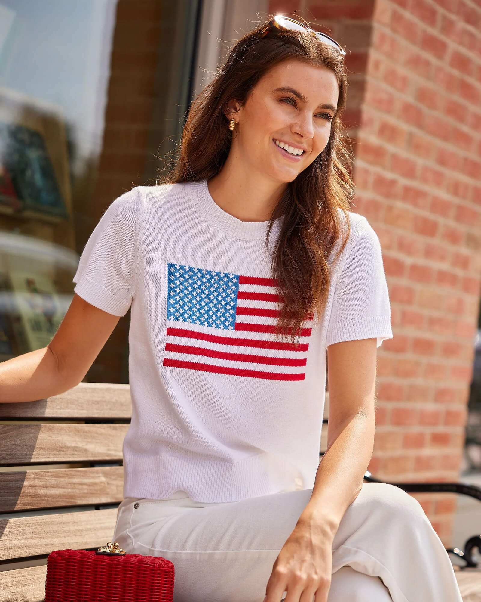 White Short Sleeve Flag Sweater