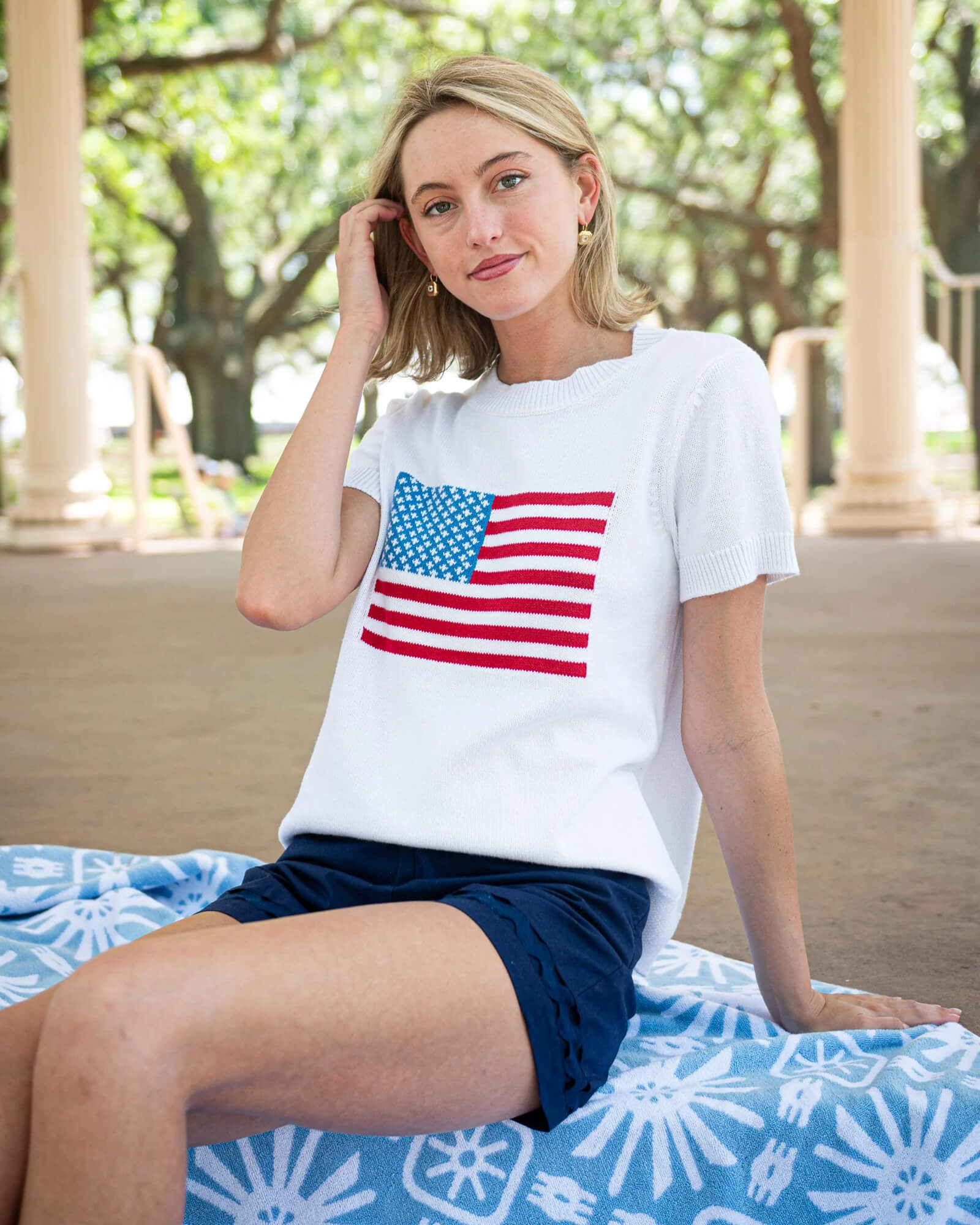 White Short Sleeve Flag Sweater