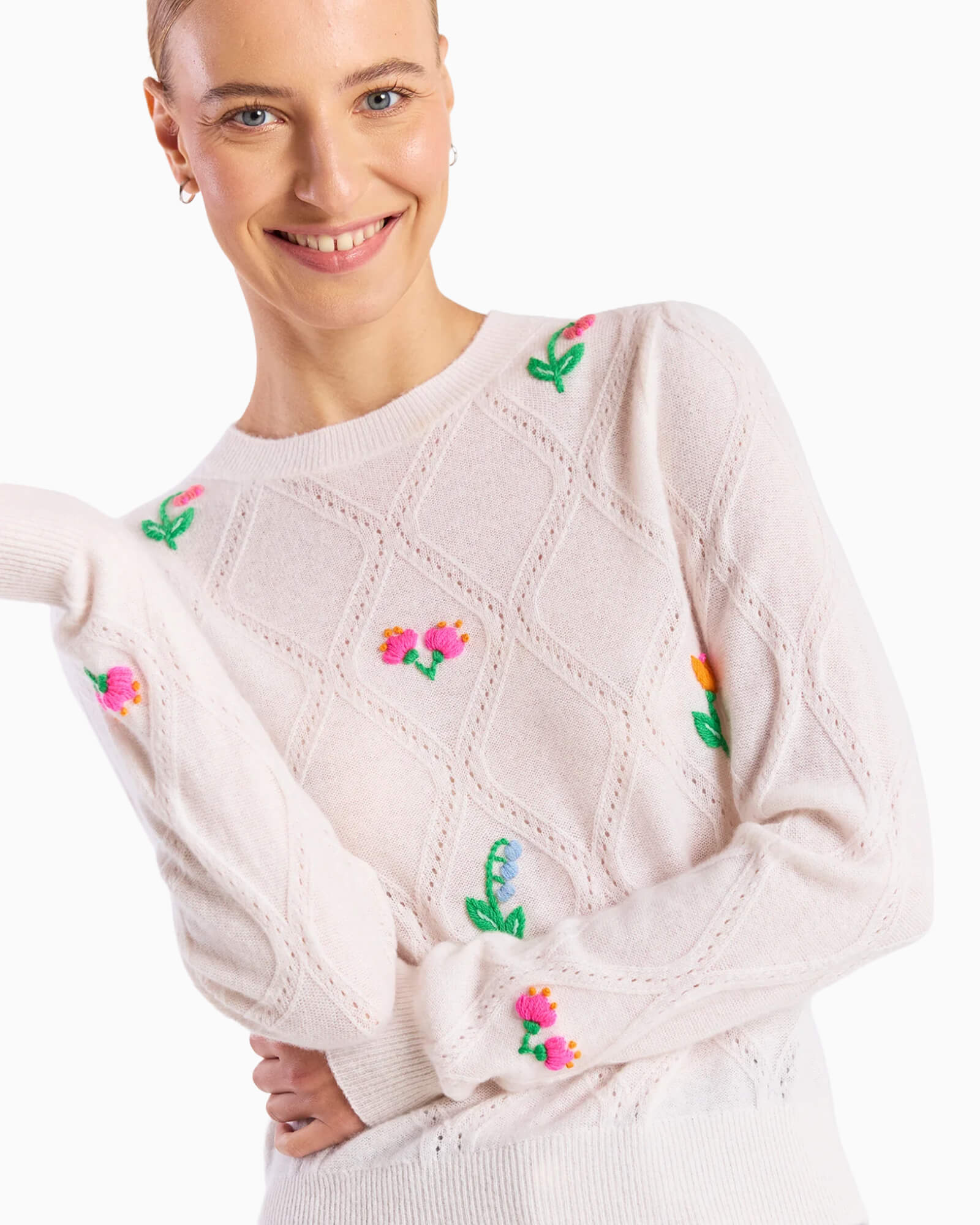 Lightweight Floral Stitch Cashmere Crew - Purple Poppy