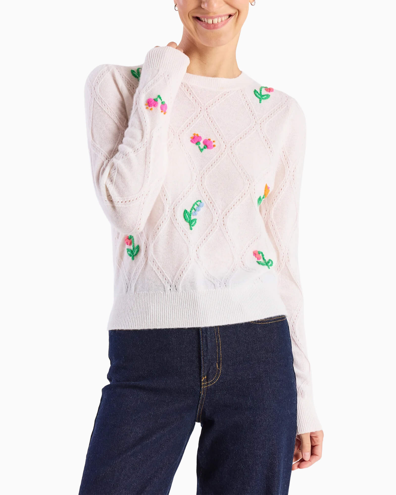 Lightweight Floral Stitch Cashmere Crew