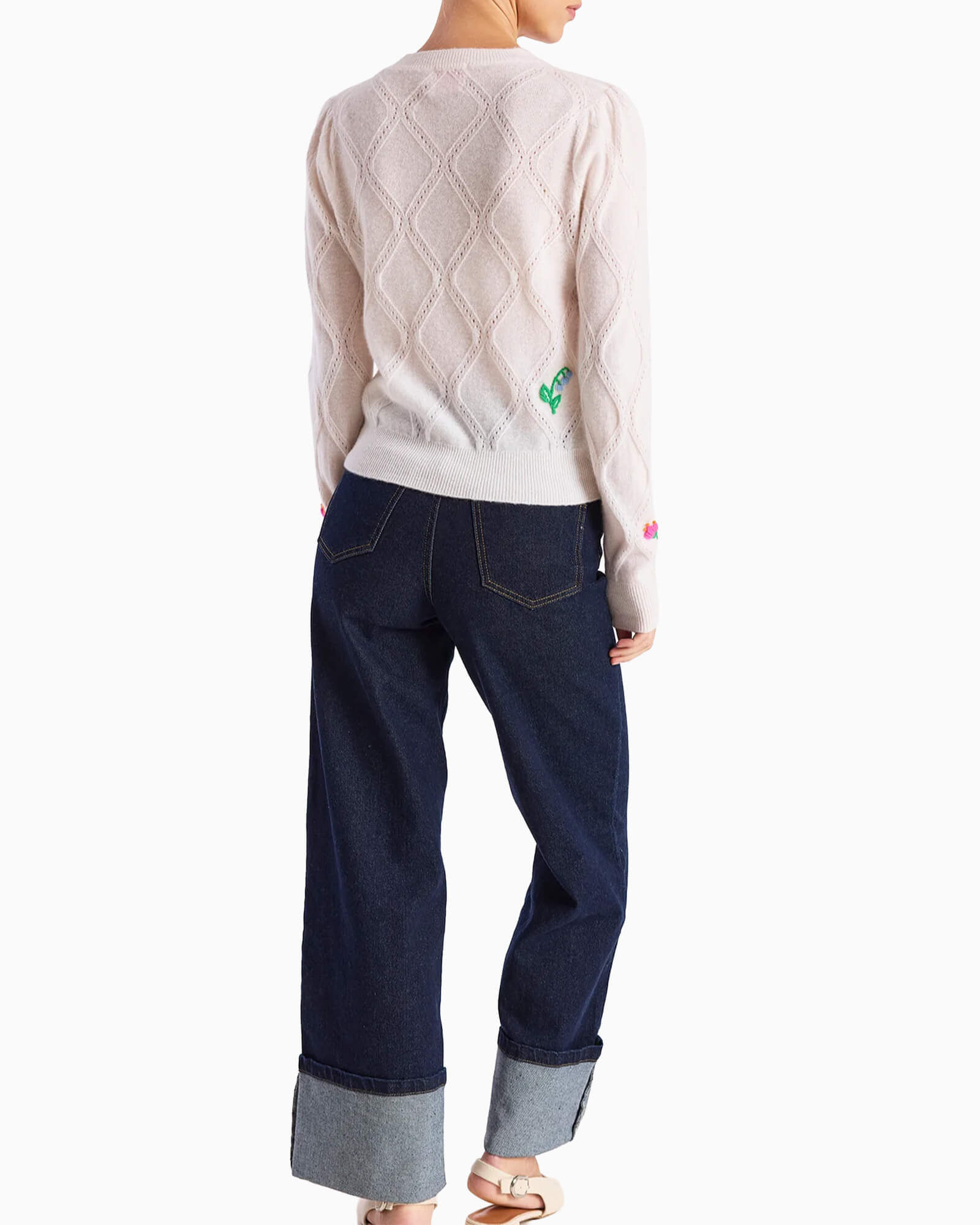 Lightweight Floral Stitch Cashmere Crew - Purple Poppy