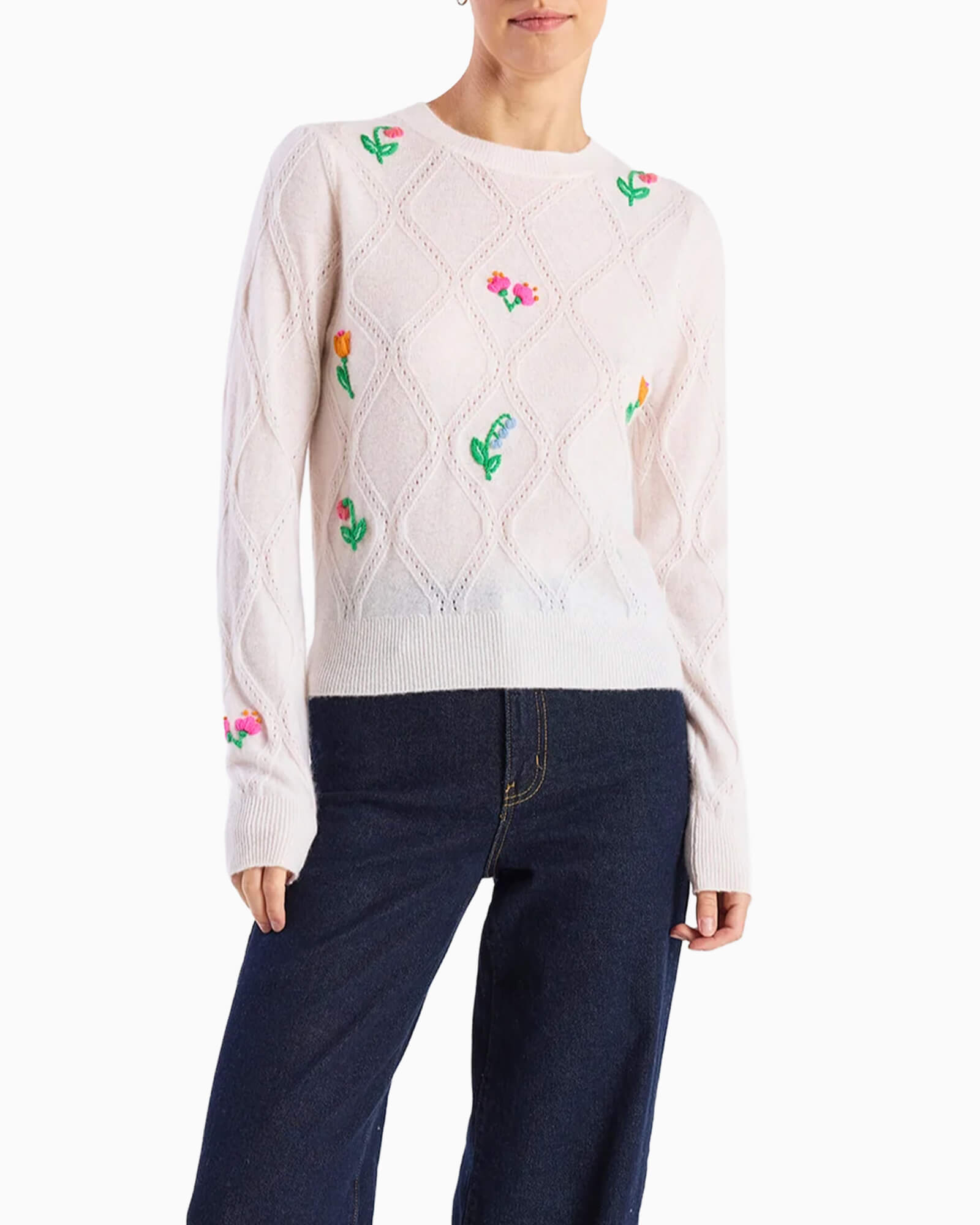 Lightweight Floral Stitch Cashmere Crew