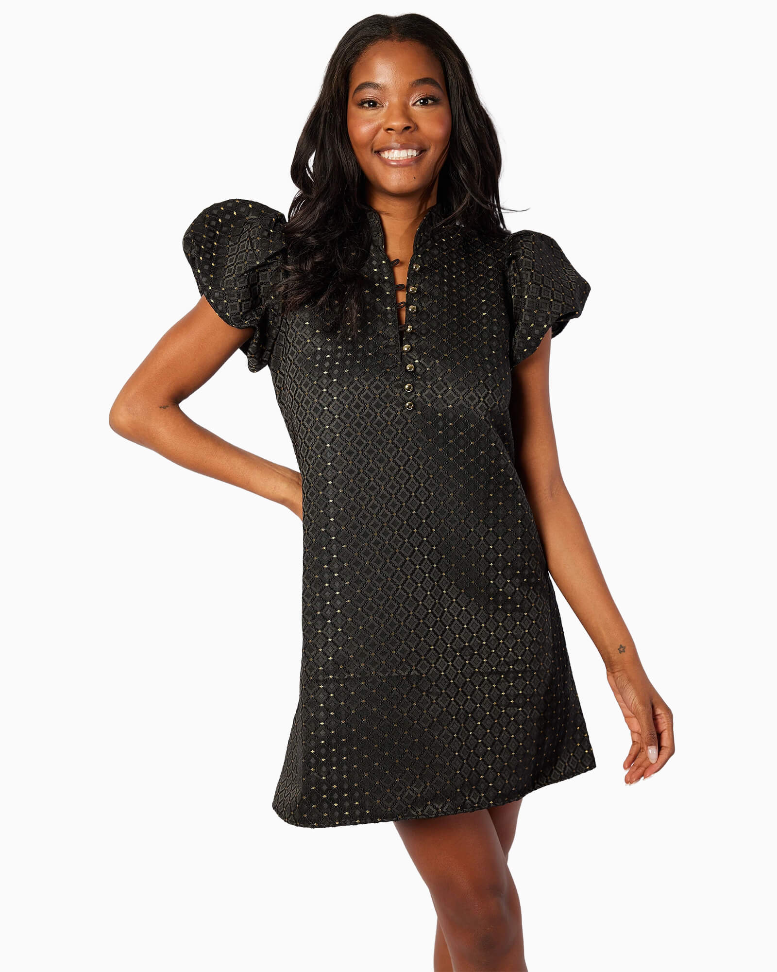 slim fit dress slacks Black & Gold Jacquard Button Front Tunic Dress