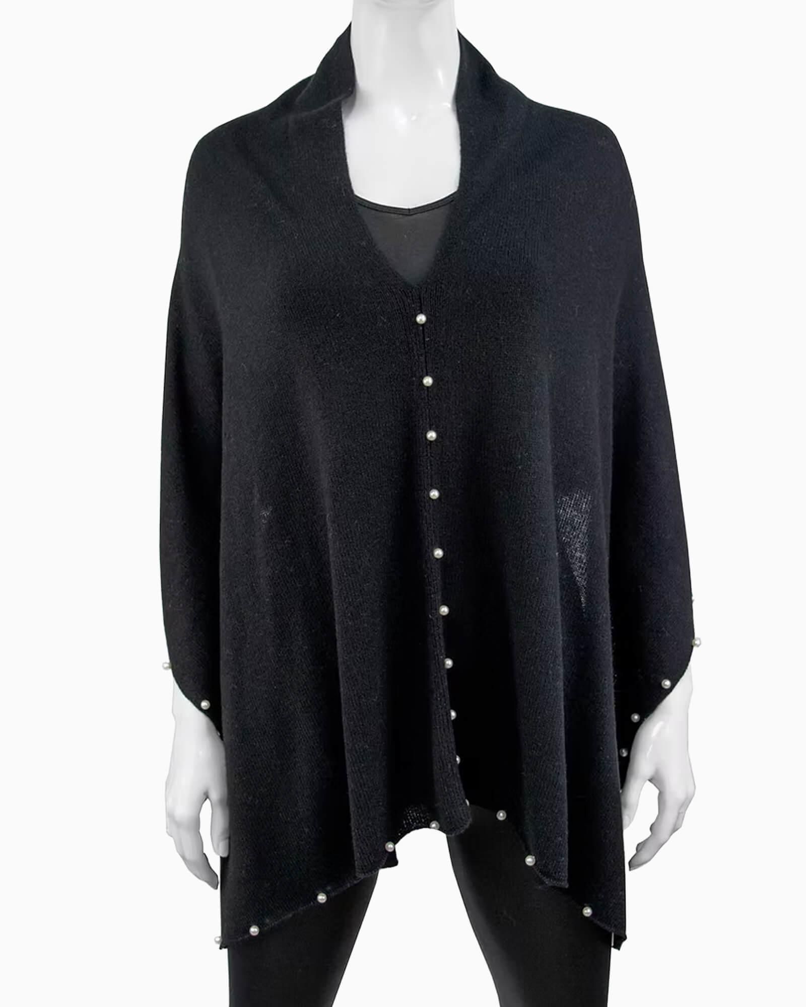 Cashmere Blend Poncho w/ Pearls Black