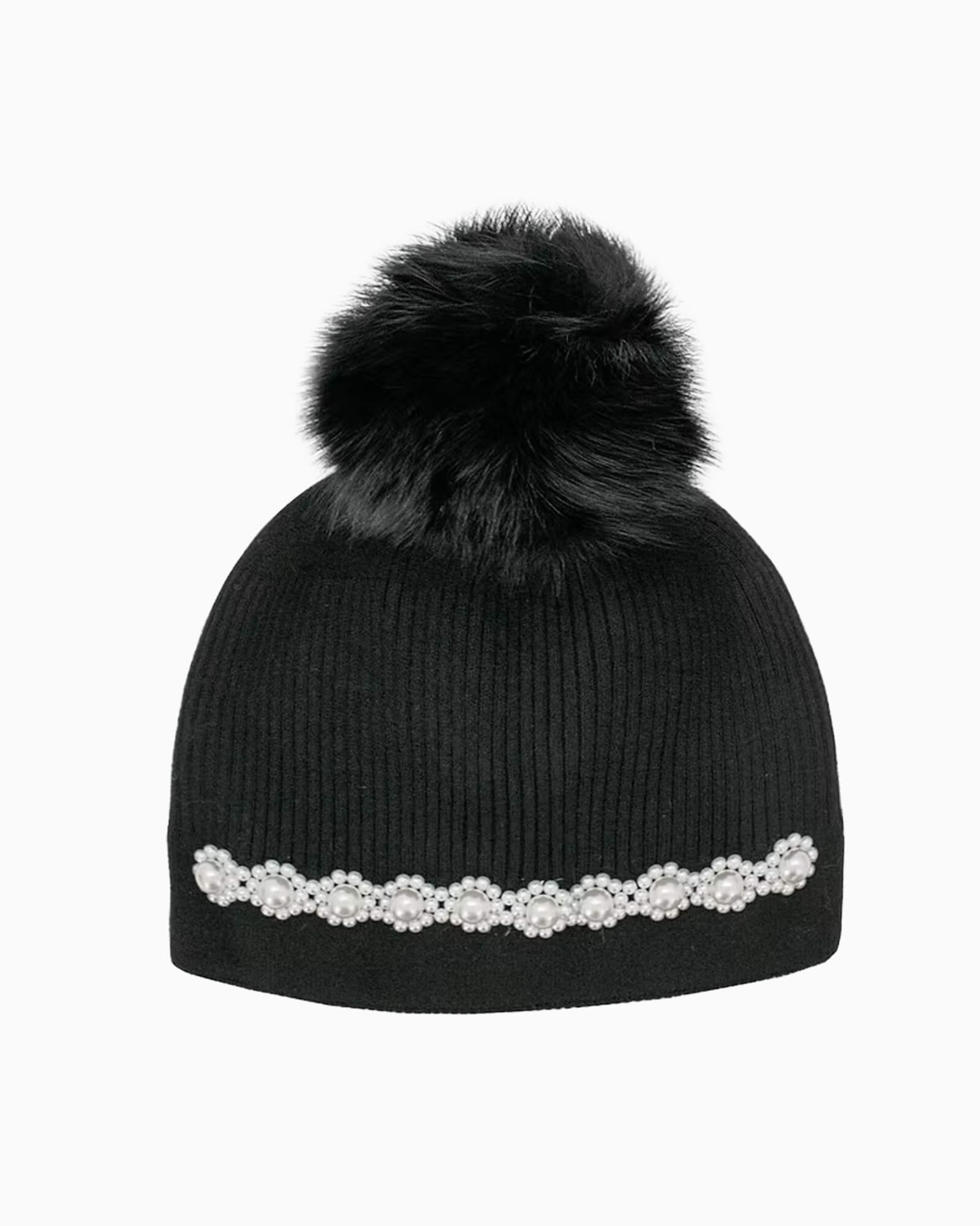 Ribbed Knit Hat w/ Pearl Flowers Black