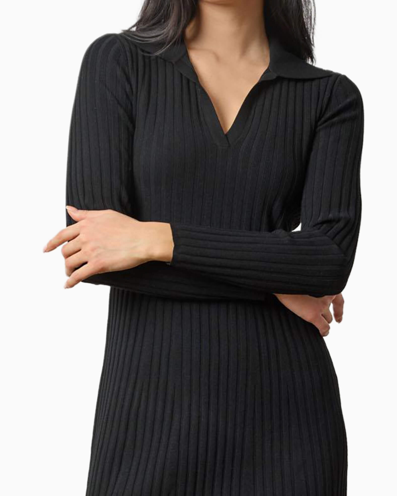 Long Sleeve Rib Henley Dress Black