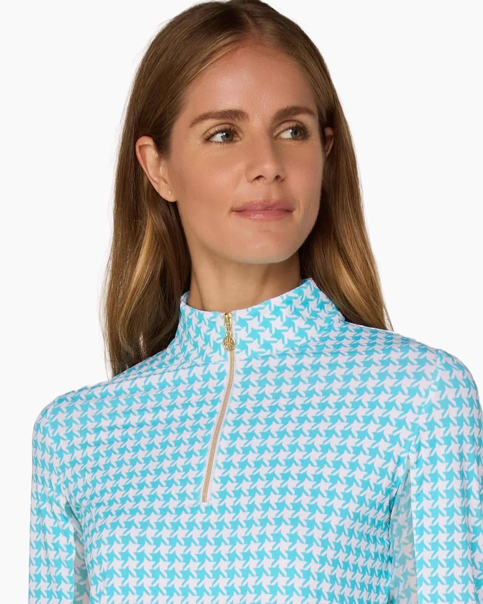Quarter Zip Sun Protection Top Caribbean Turquoise Houndstooth - Purple Poppy