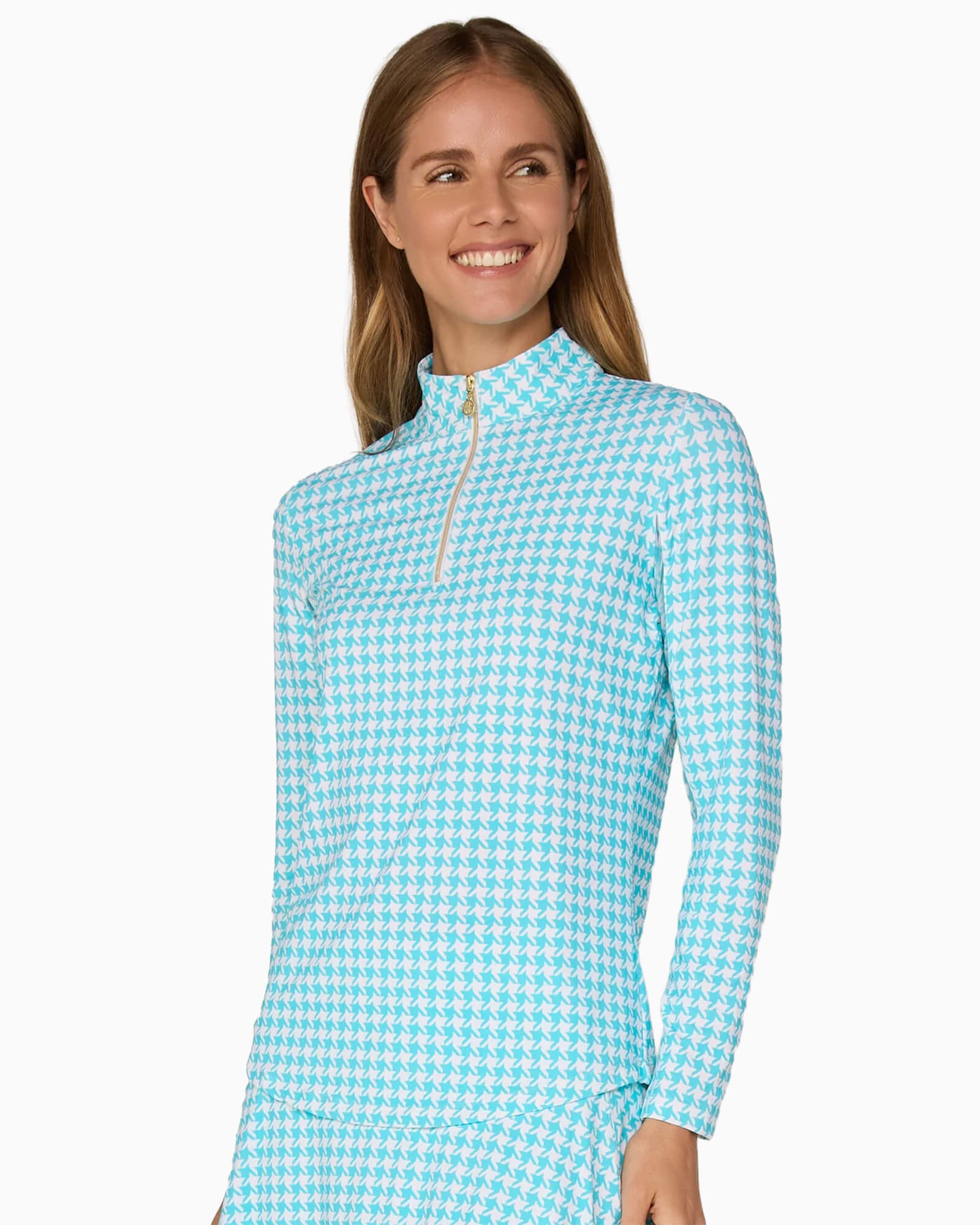 Quarter Zip Sun Protection Top Caribbean Turquoise Houndstooth