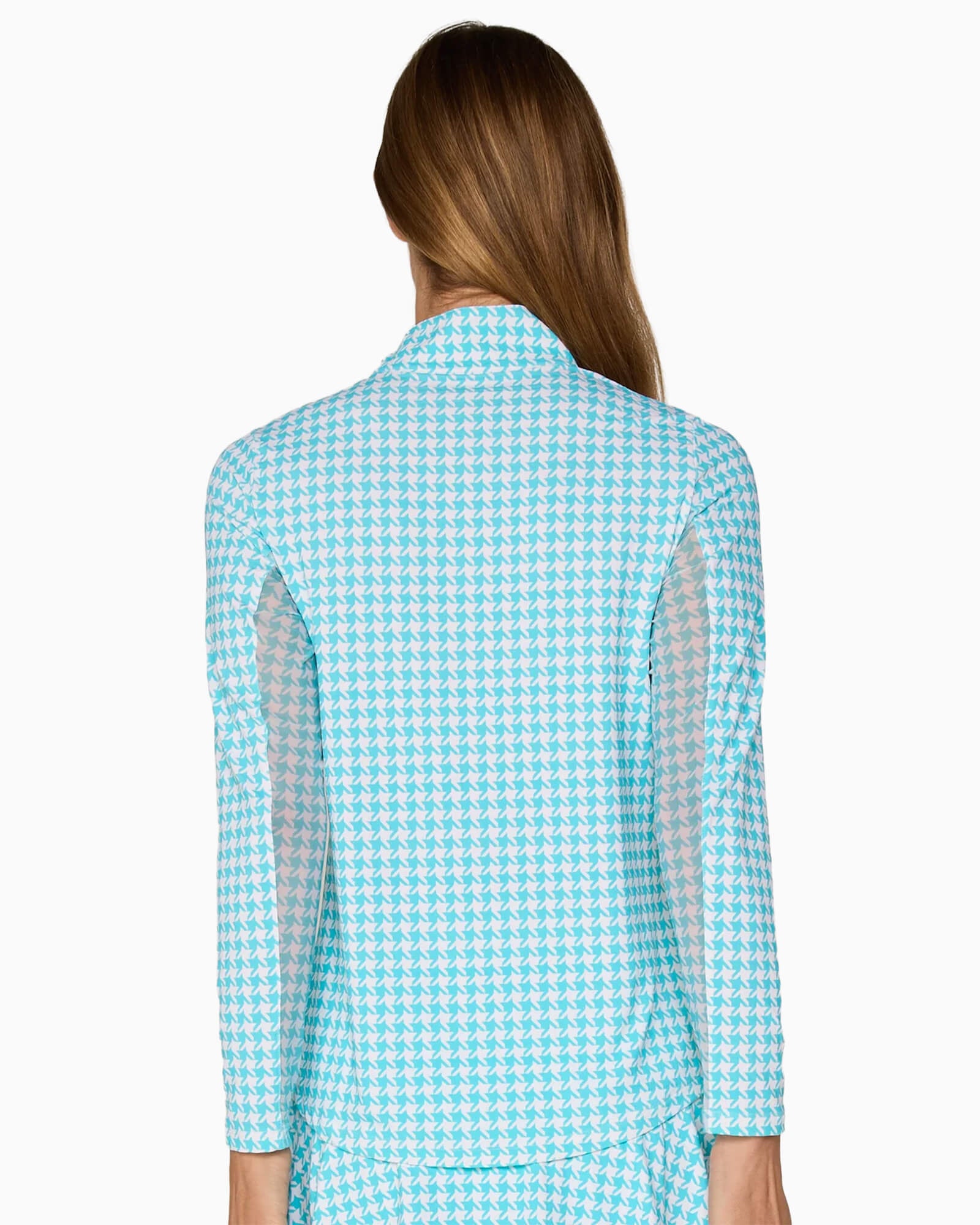 Quarter Zip Sun Protection Top Caribbean Turquoise Houndstooth - Purple Poppy