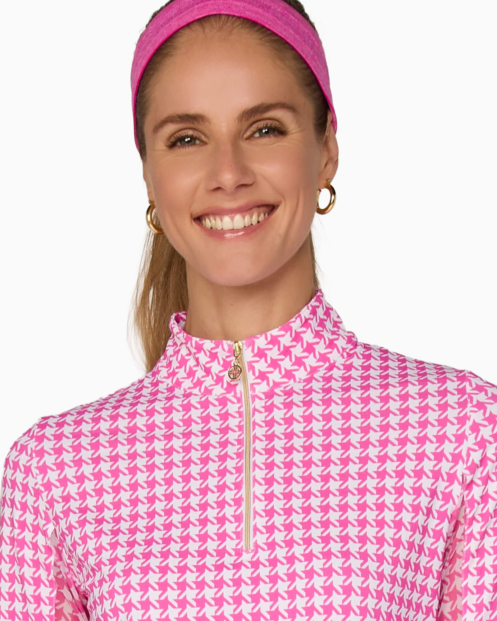 Quarter Zip Sun Protection Top Houndstooth Pink - Purple Poppy