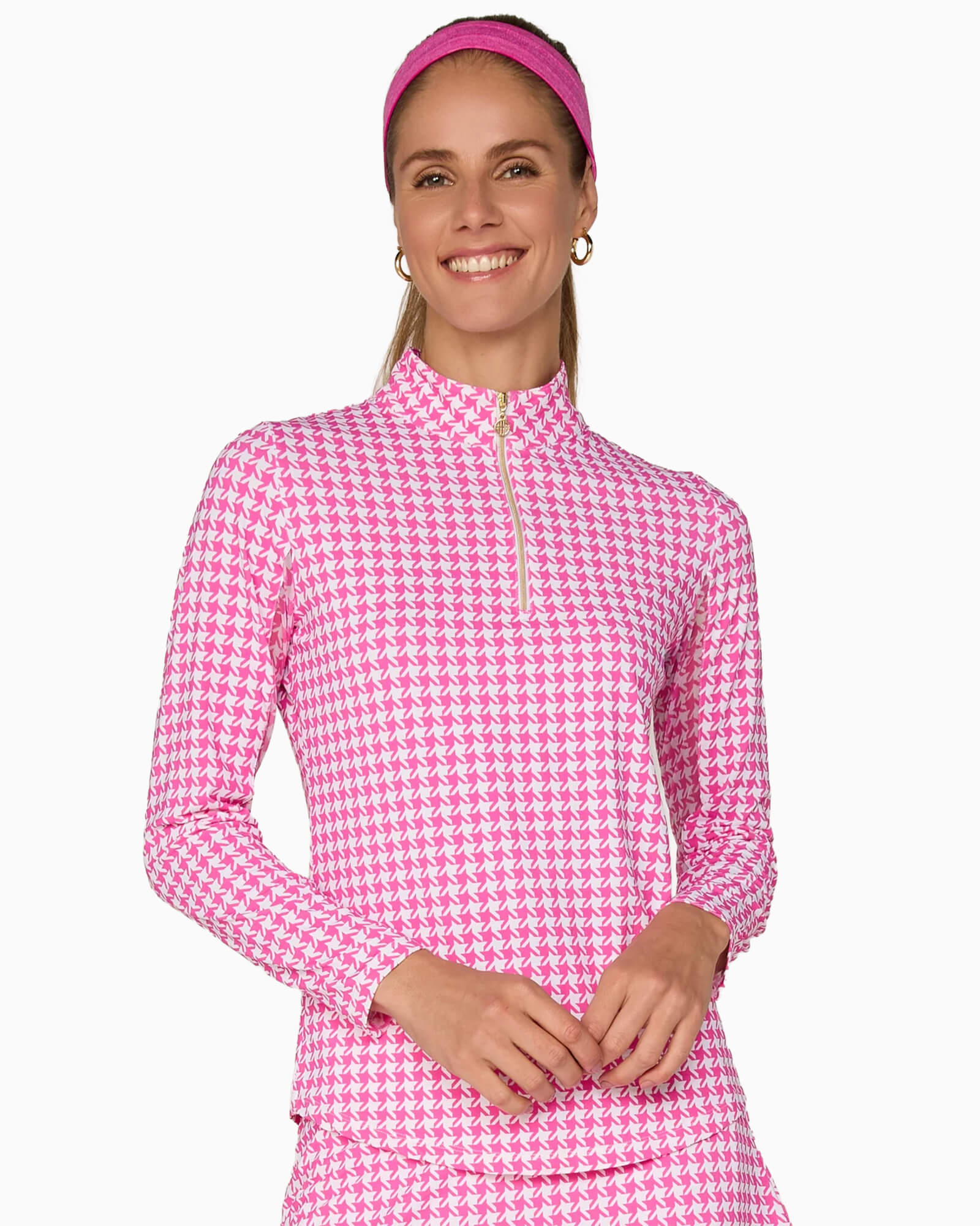 Quarter Zip Sun Protection Top Houndstooth Pink