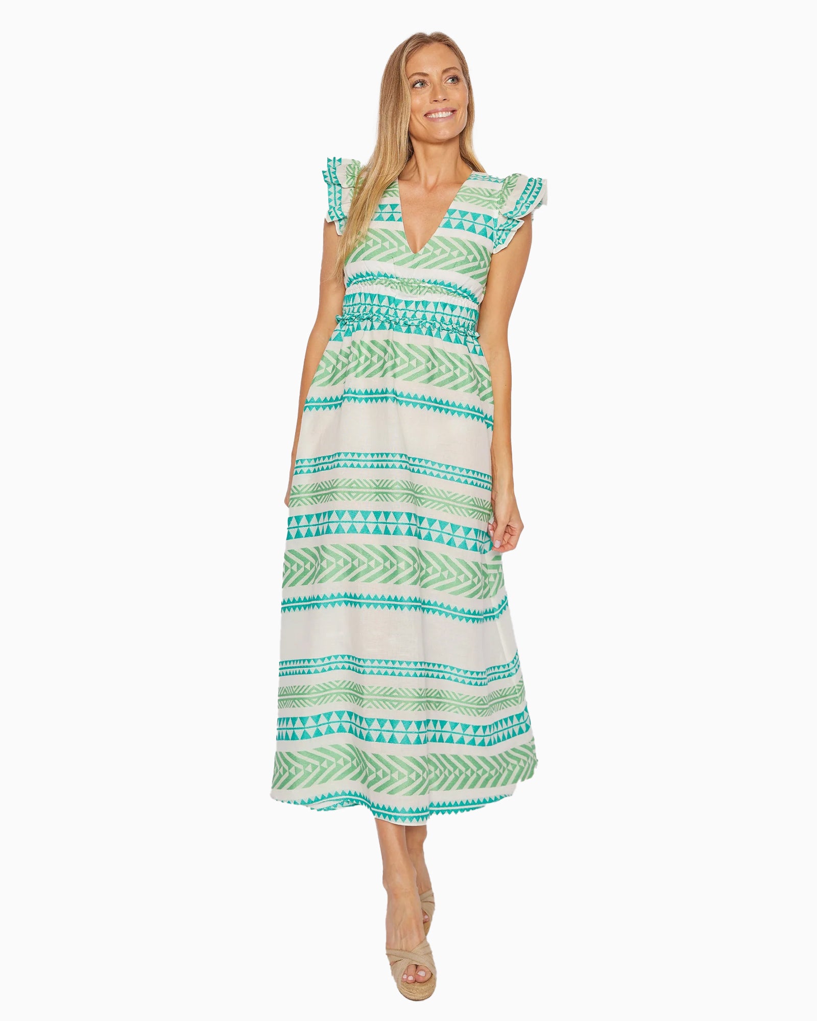 Green Jacquard V-Neck Flutter Sleeve Maxi Dress | Women's Clothing Green Jacquard V-Neck Flutter Sleeve Maxi Dress | Women's Clothing