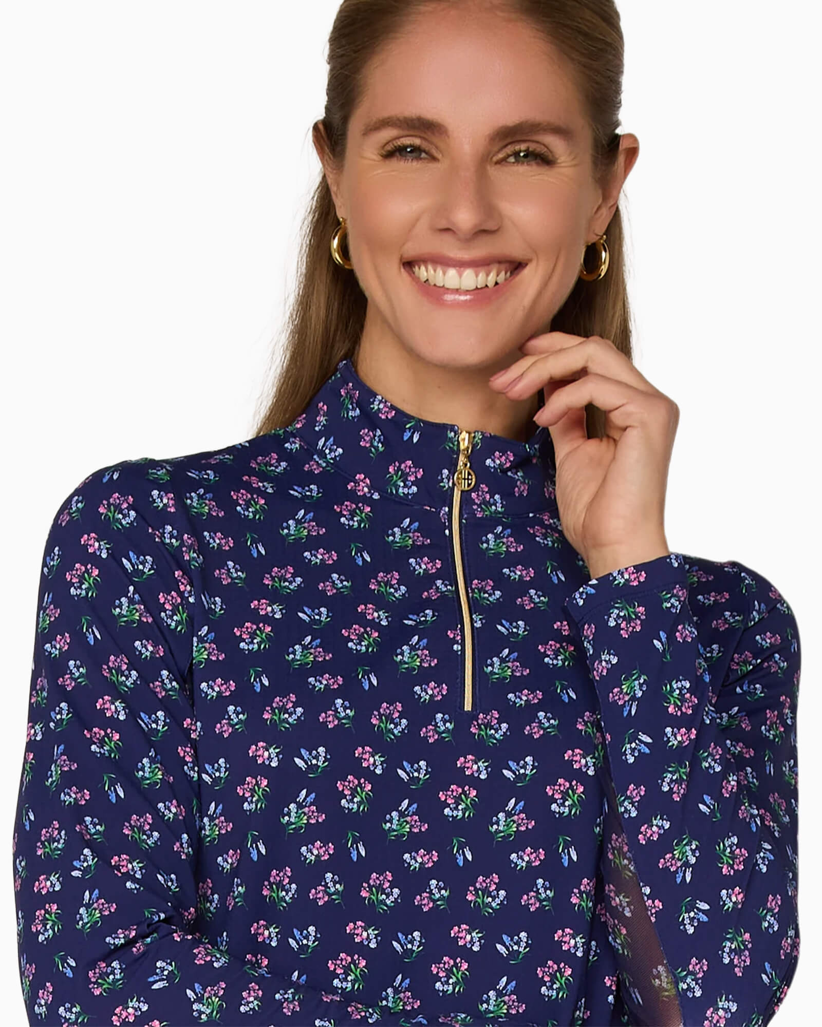 Quarter Zip Sun Protection Top Navy Bouquet - Purple Poppy