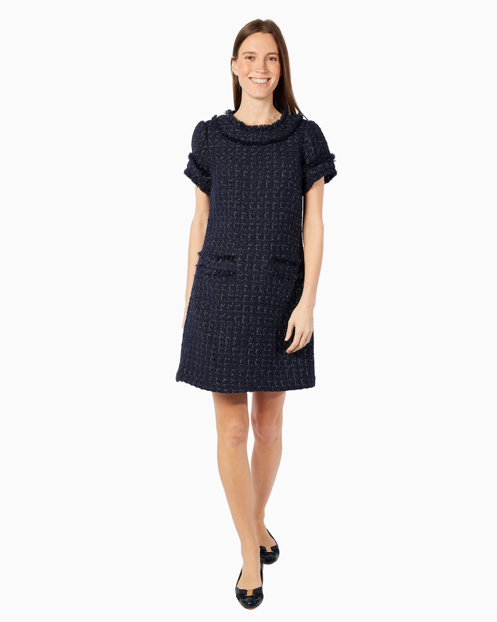 Navy Metallic Tweed Short Sleeve Shift Dress