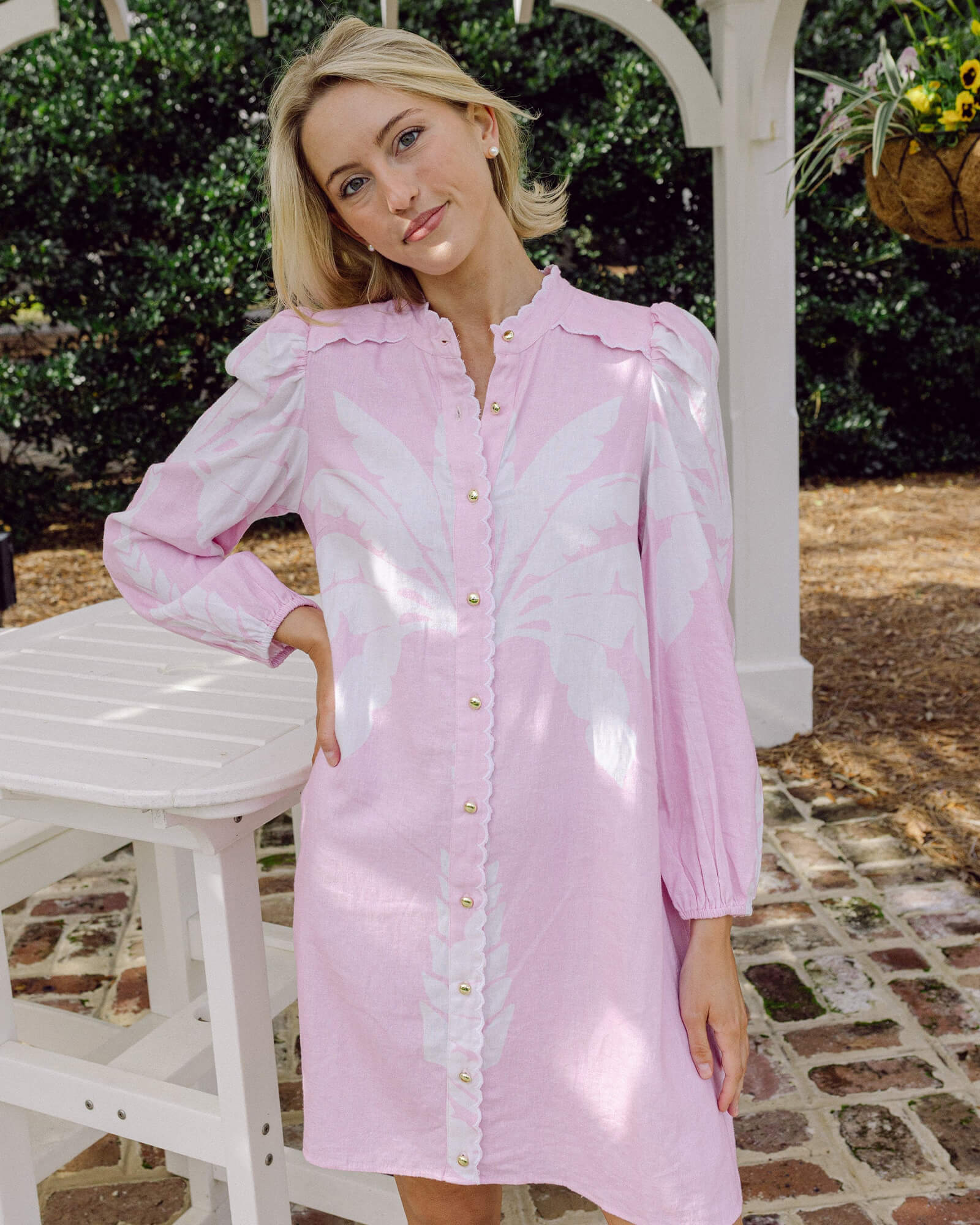 Blush Palm Scalloped Button Front Dress