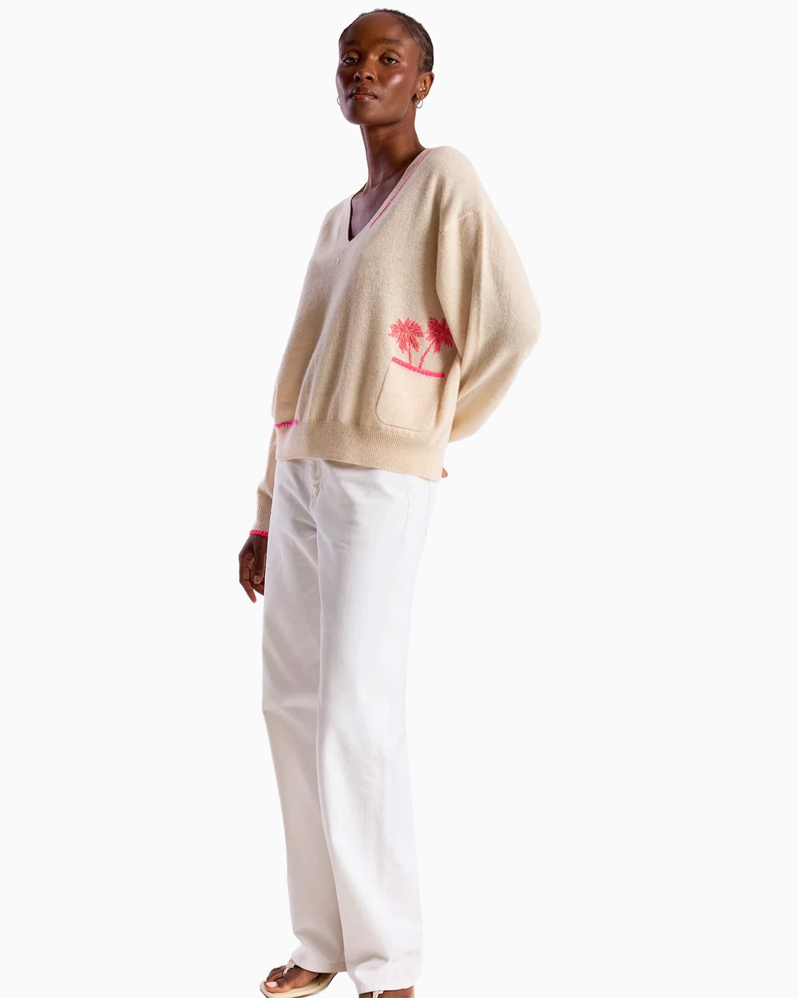 Palm Pocket V Neck Cashmere Jumper - Purple Poppy