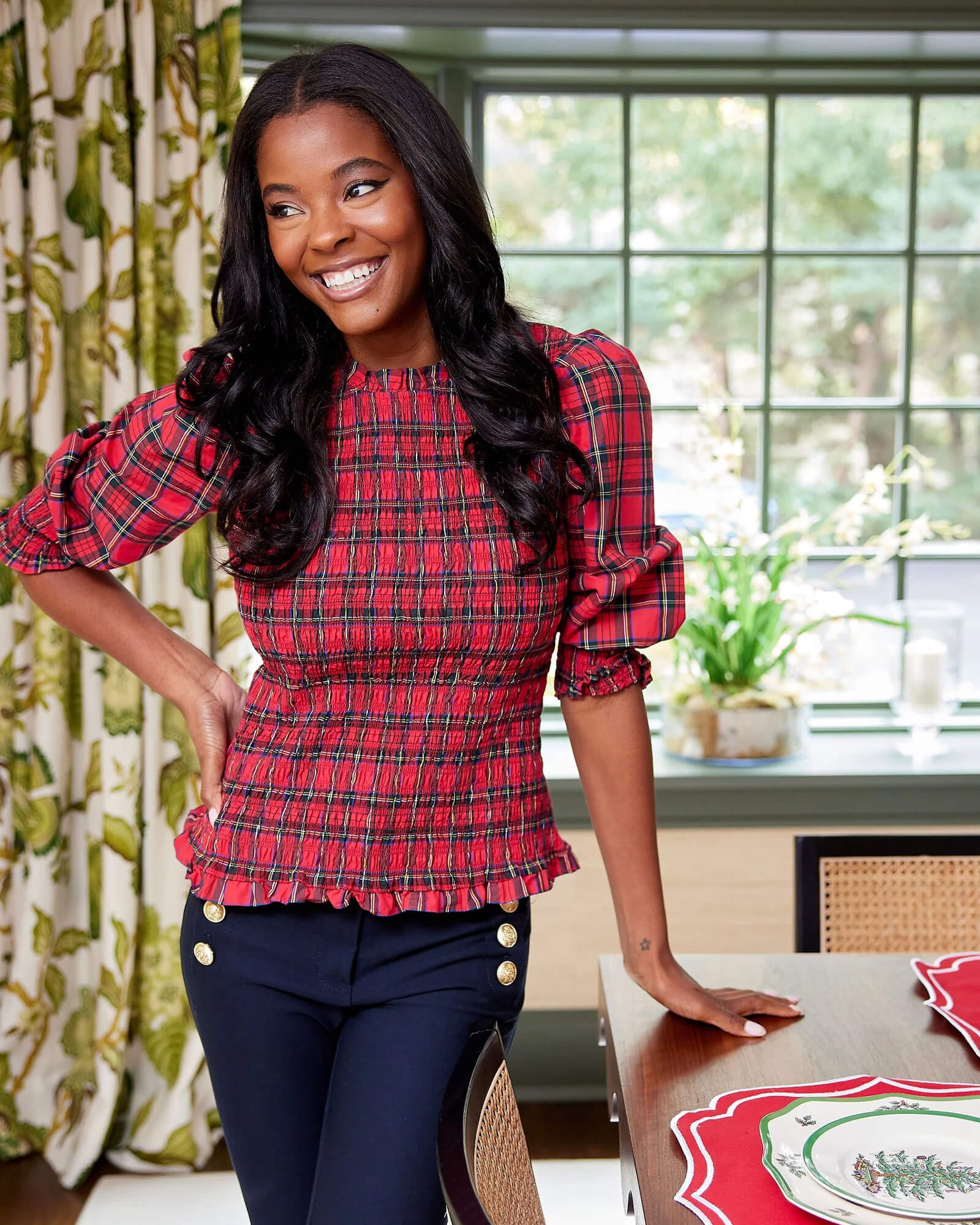 Red Plaid Long Sleeve Smocked Top