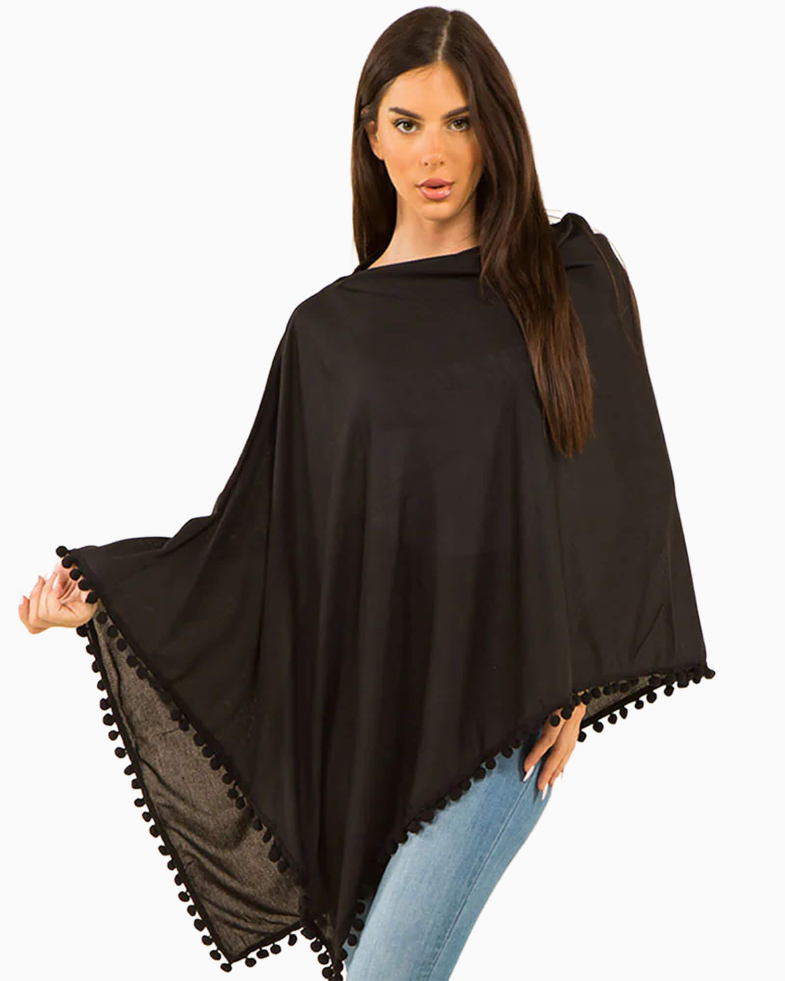 Pom Pom Poncho Black