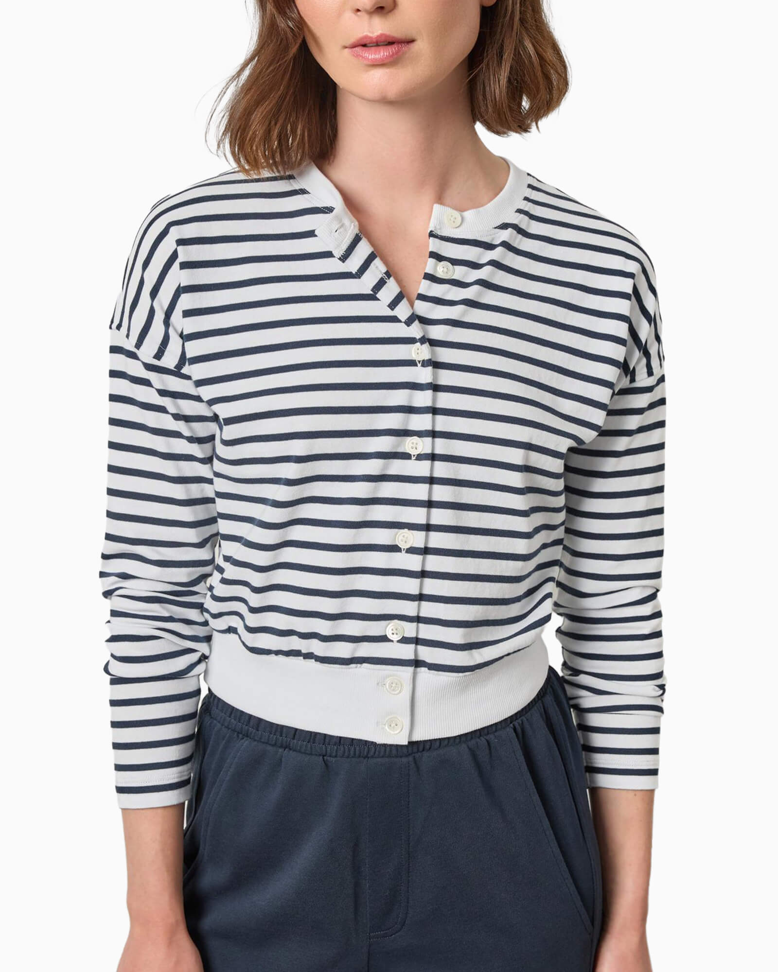 Rib Trim Cardigan Navy Stripe