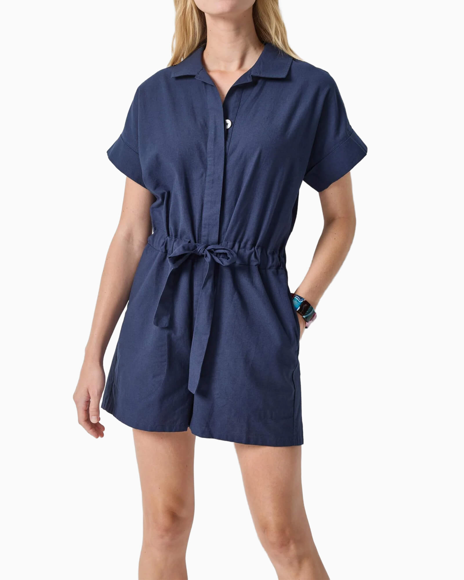 Linen Blend Romper Navy