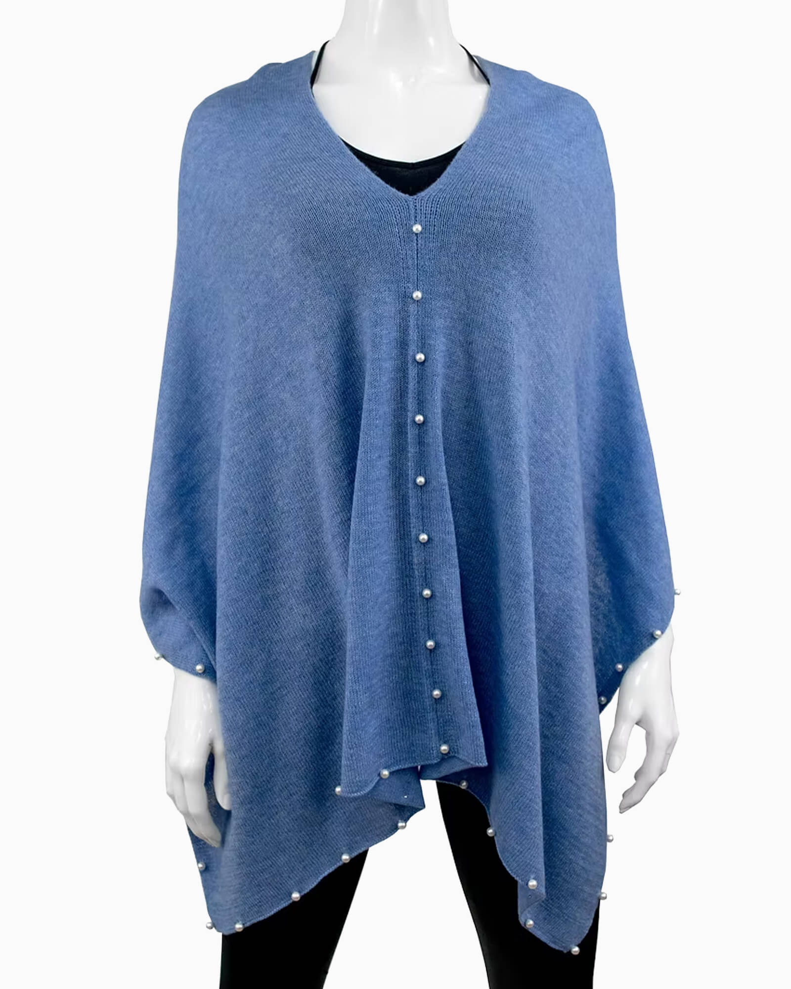 Cashmere Blend Poncho w/ Pearls Sky Blue