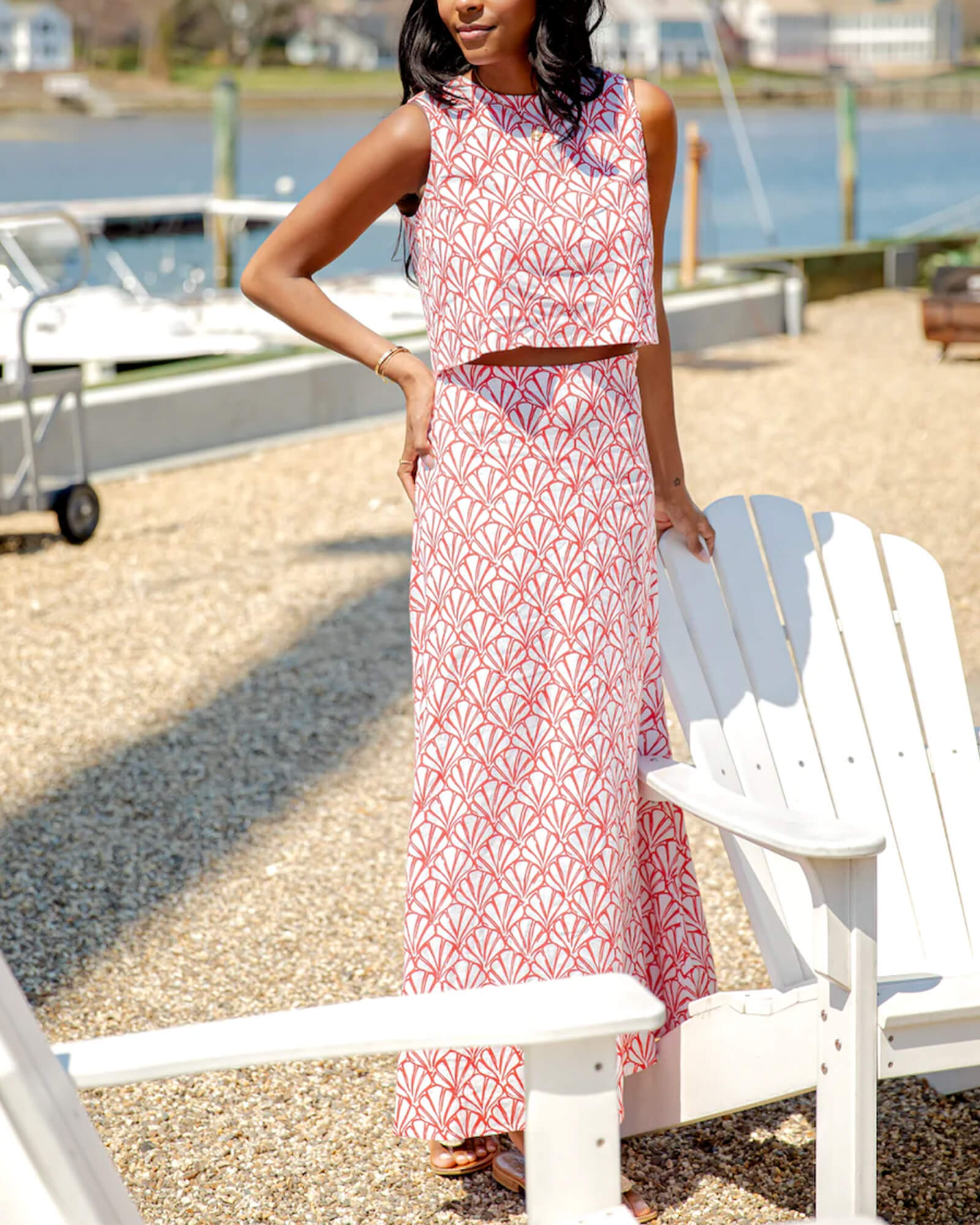 Red Seashell Print Maxi Skirt Set - Purple Poppy