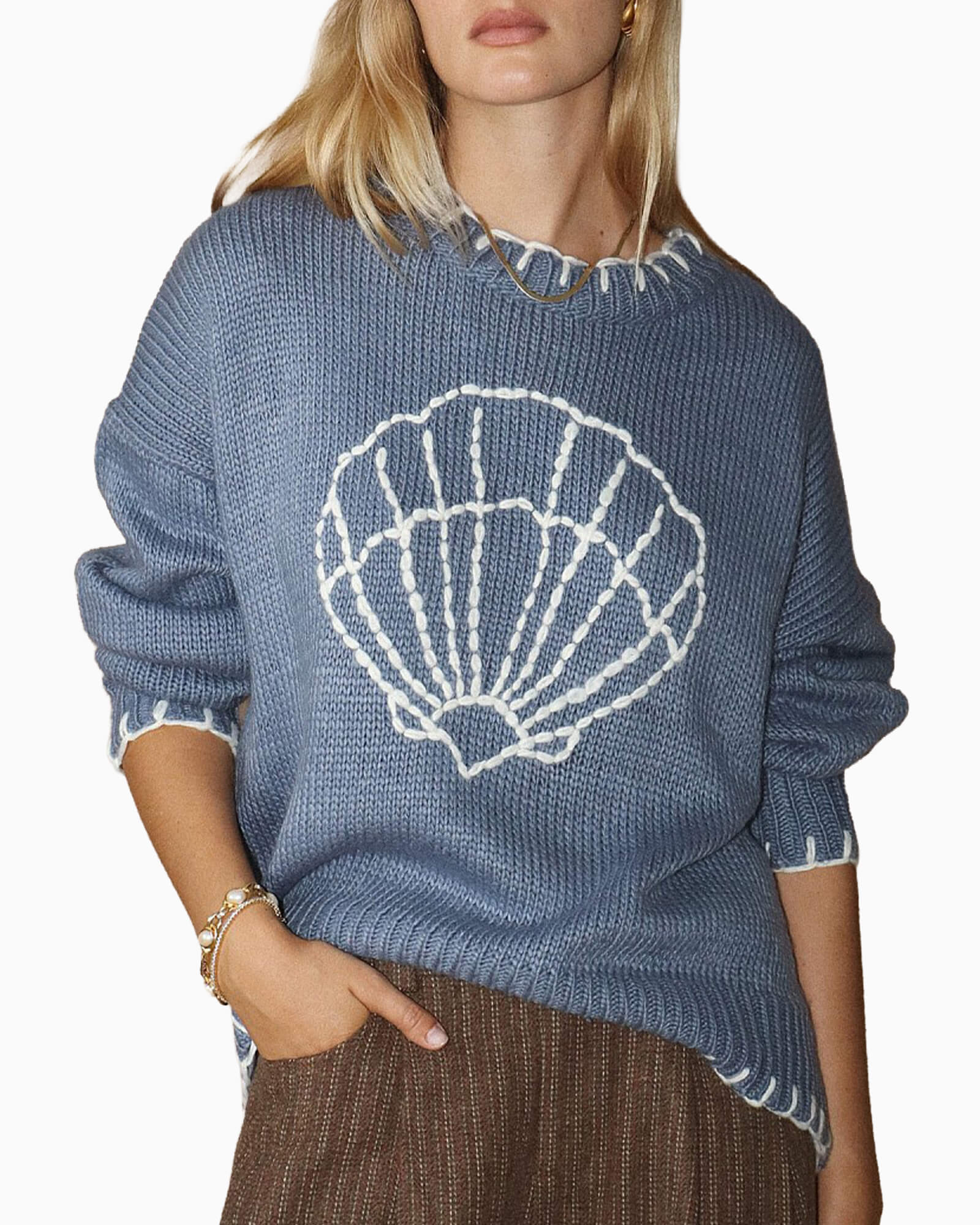 Shell Pattern Knit Sweater Vintage Blue