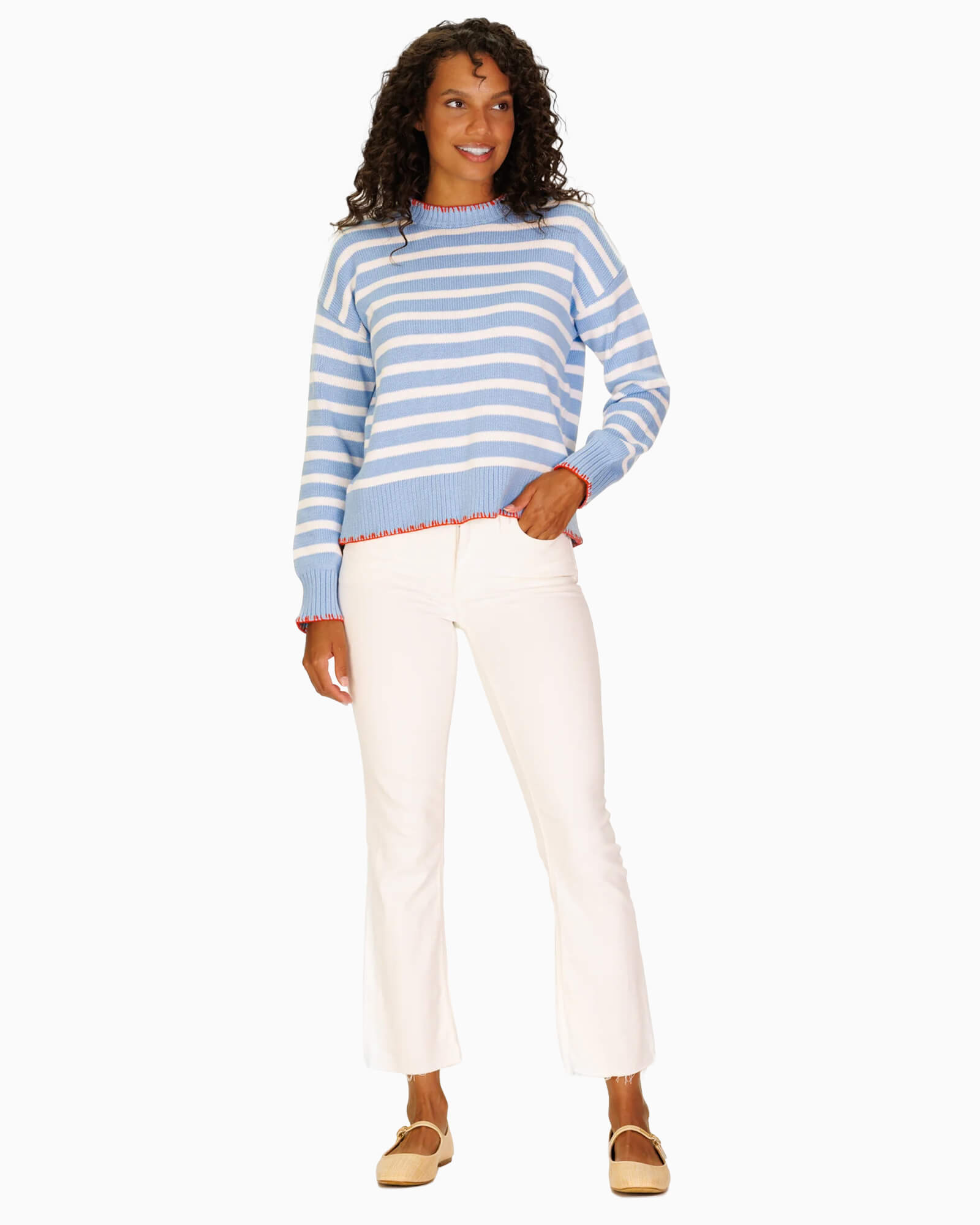 Blanket Stitch Sweater Blue & White Stripe